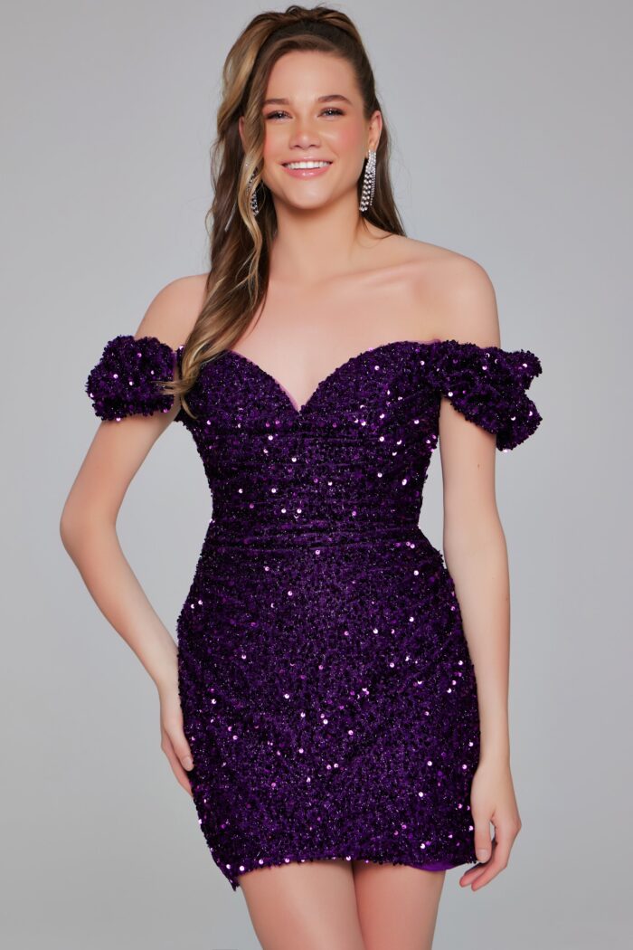 Purple Jovani 39631 Sequin Fitted Short Ruffle Cocktail Dress