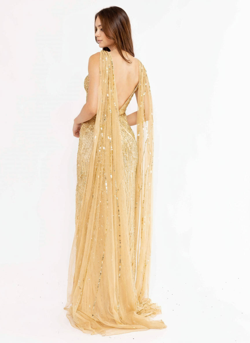 Prom Dresses Long Sequins Cape Prom Dress Gold