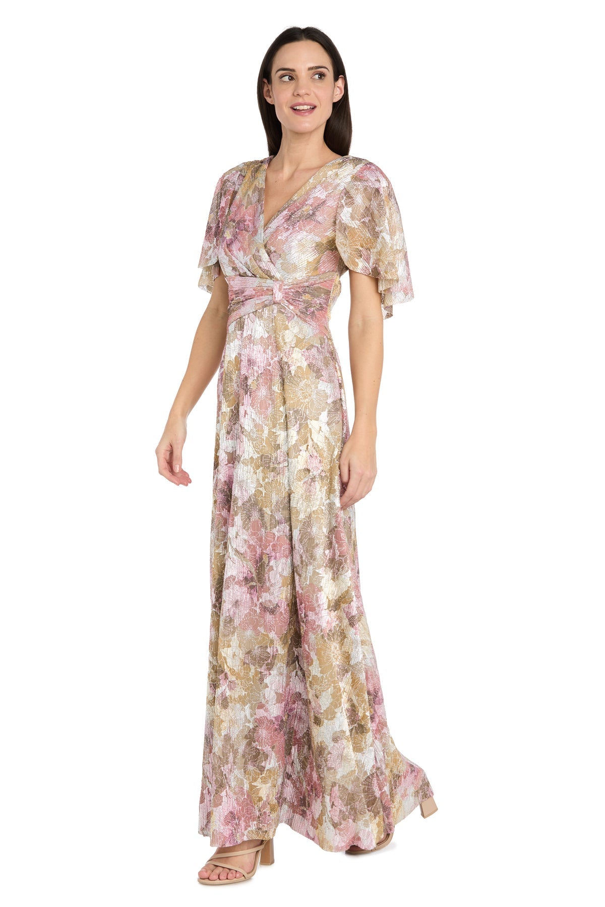 V-Neck Long Metallic Evening Gown by R&M Richards 3973P in Pink/Multi