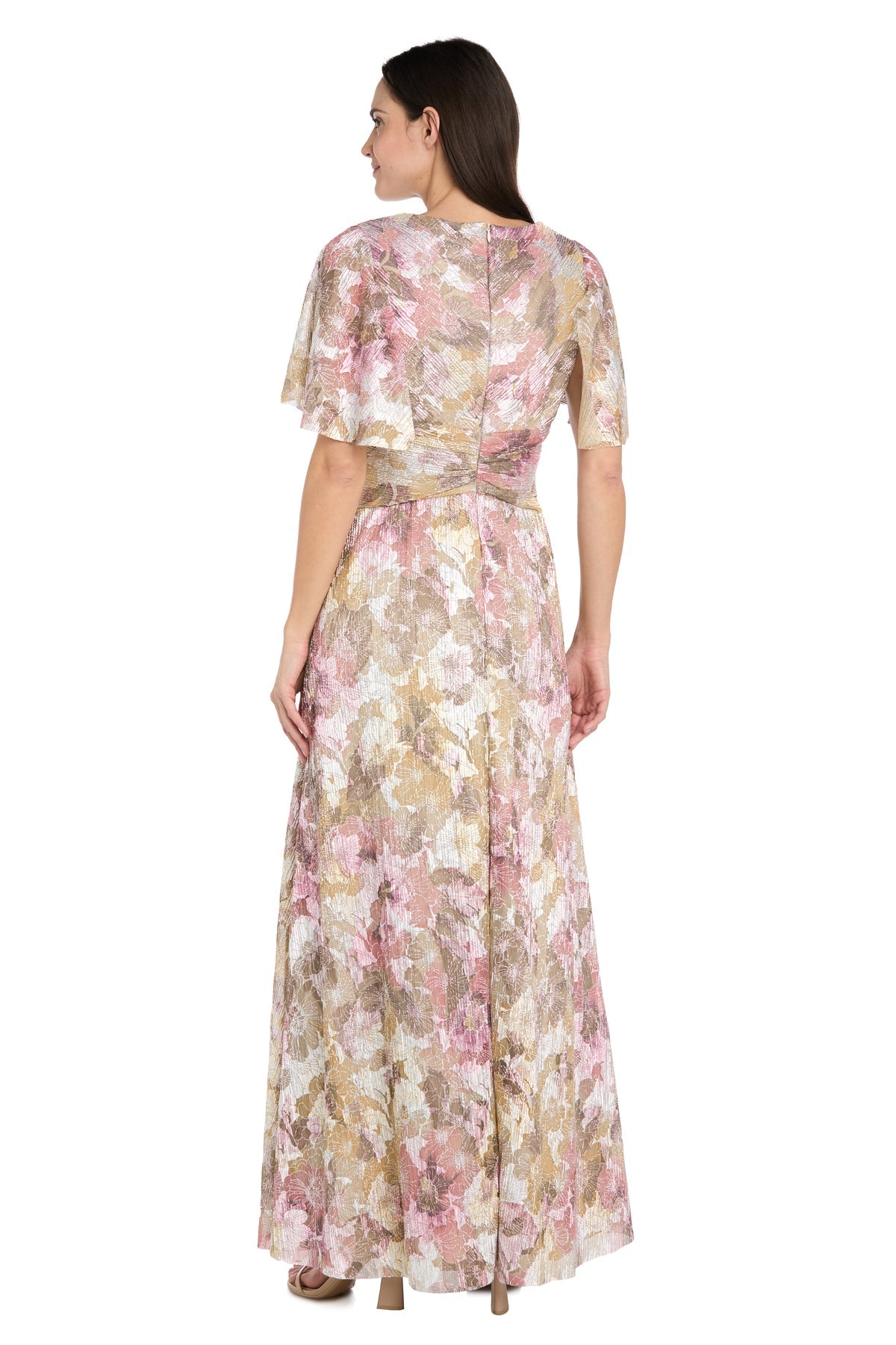 V-Neck Long Metallic Evening Gown by R&M Richards 3973P in Pink/Multi