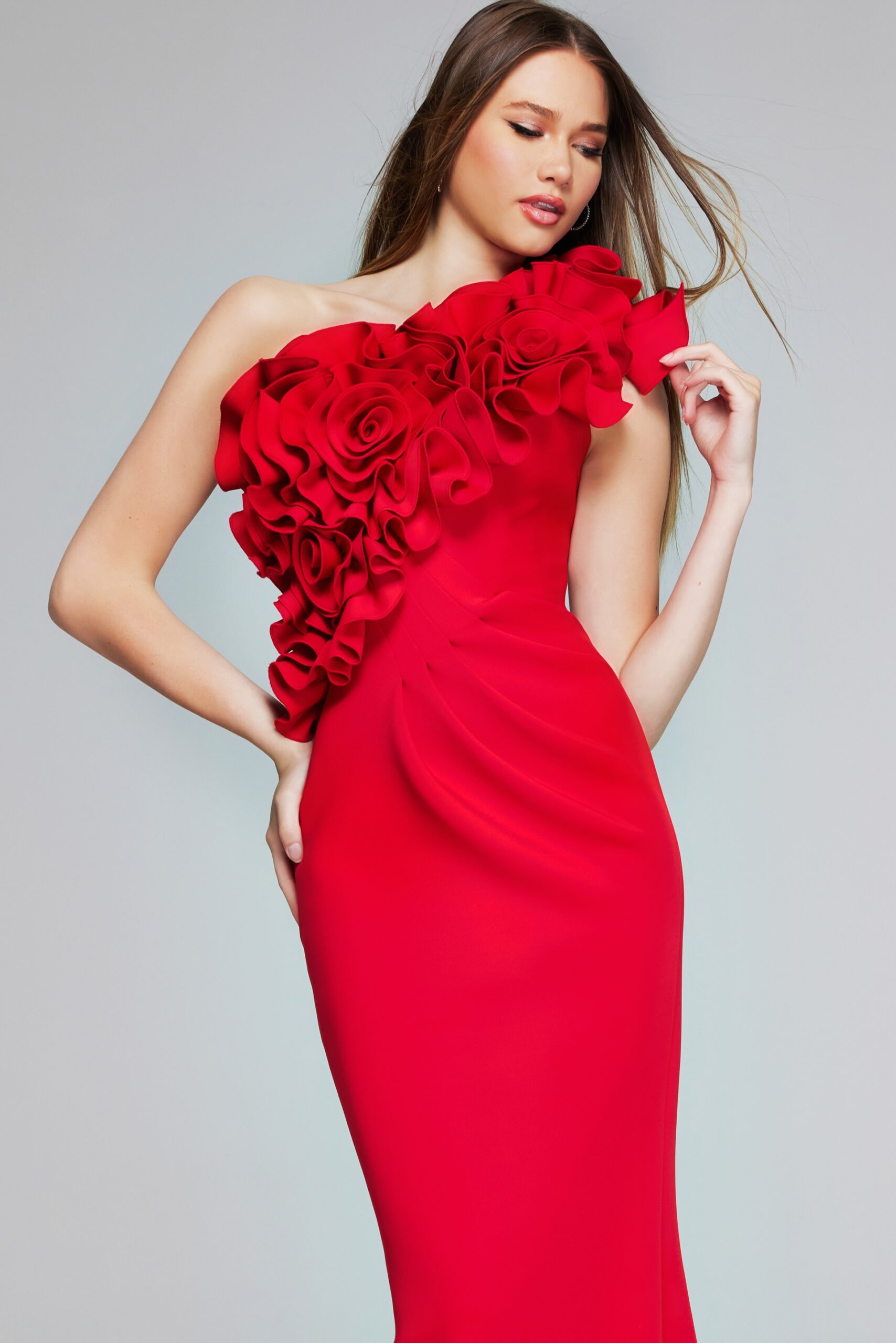 Formal Dresses Long Mermaid 3D Floral Applique Formal Prom Dress Red