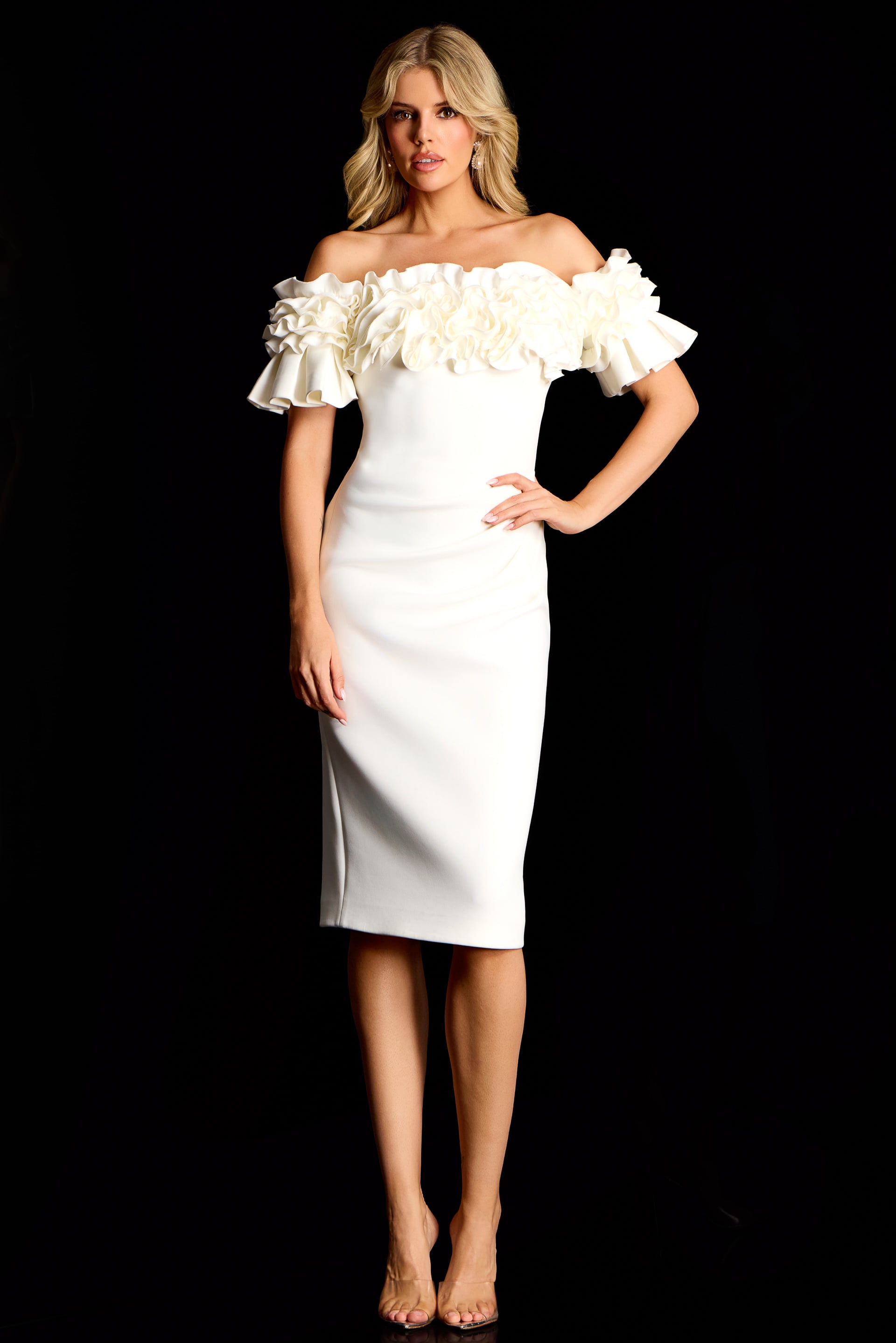 Off-the-Shoulder Midi Scuba Wedding Bodycon Jovani 39752