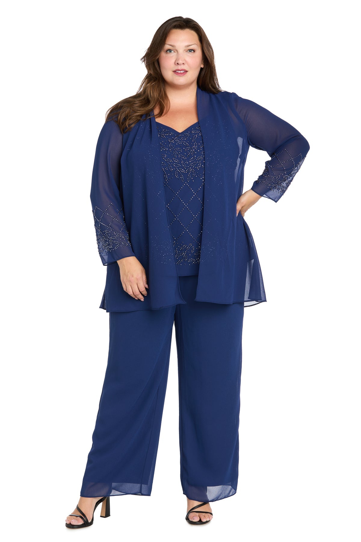 V-Neck Ankle-Length Chiffon Pant Suit by R&M Richards 3976W in Twilight