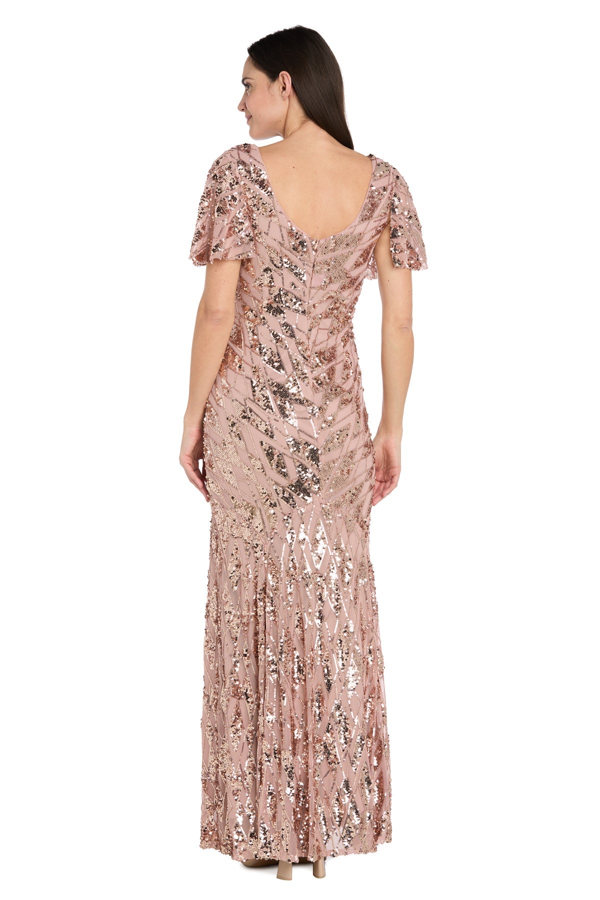 V-Neck Long Sequin Mother of the Bride Dress by R&M Richards 3985 in Latte