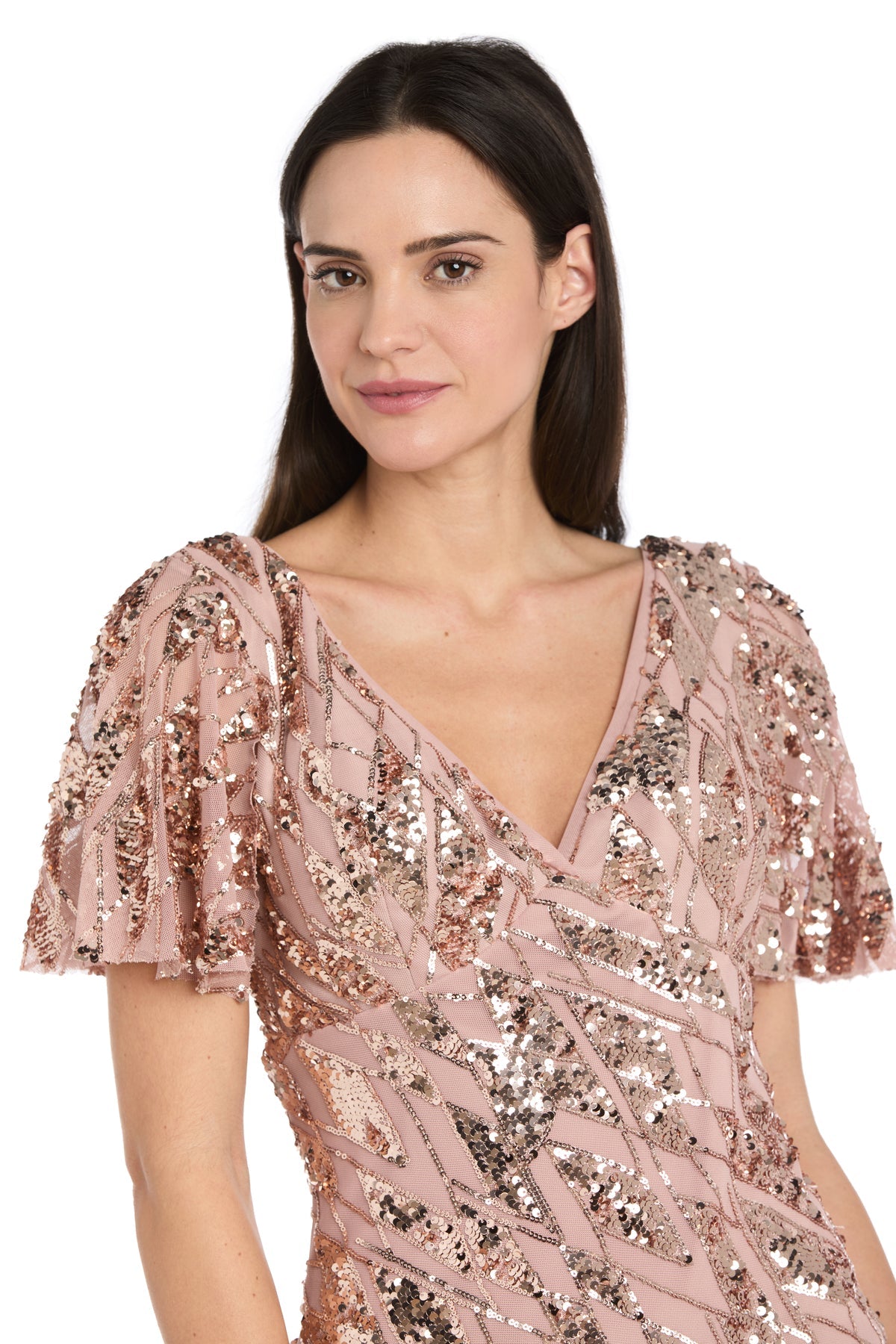 V-Neck Long Sequin Mother of the Bride Dress by R&M Richards 3985 in Latte