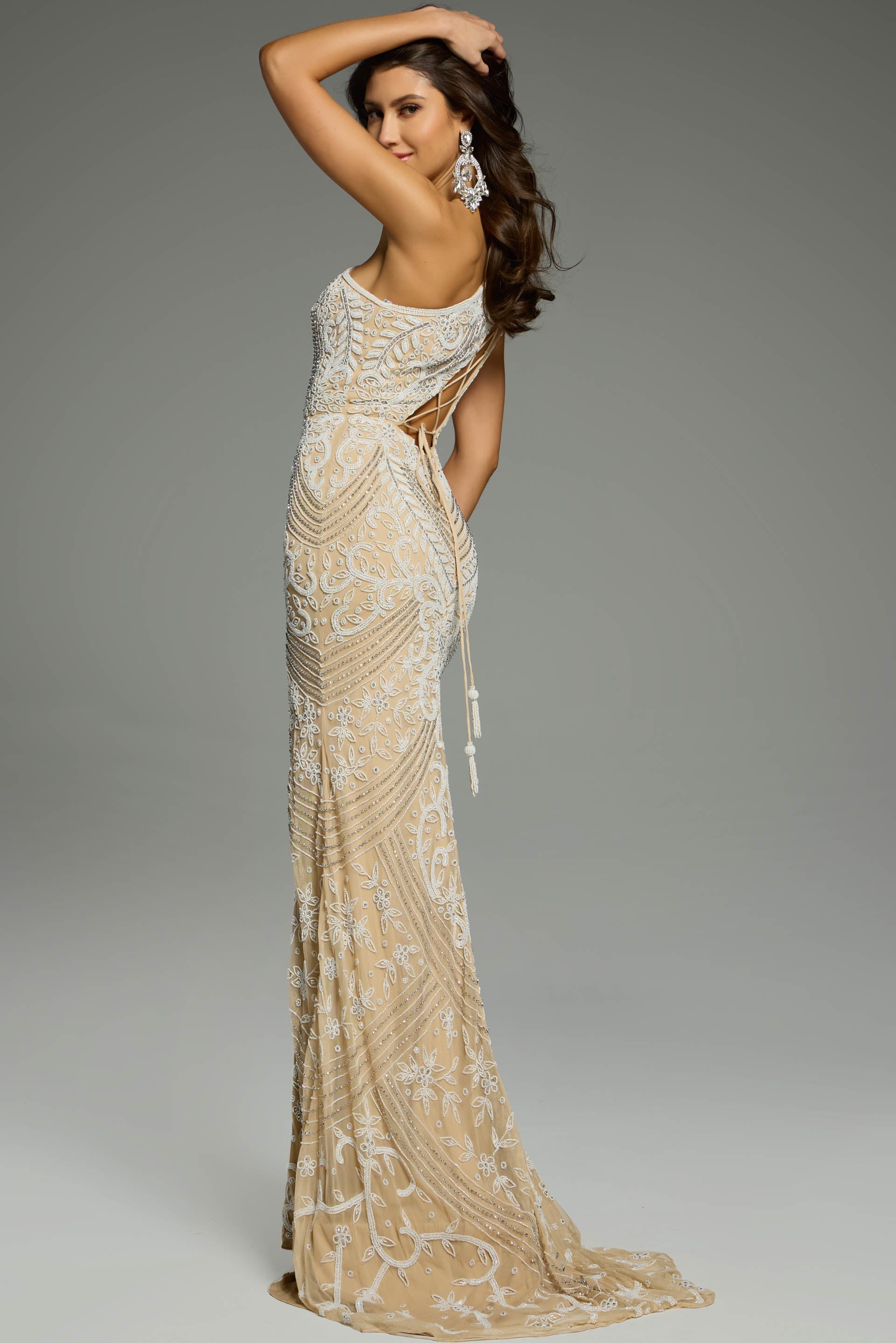 Nude/White One Shoulder Floor-Length Lace Beaded Gown with High Slit Jovani 39895