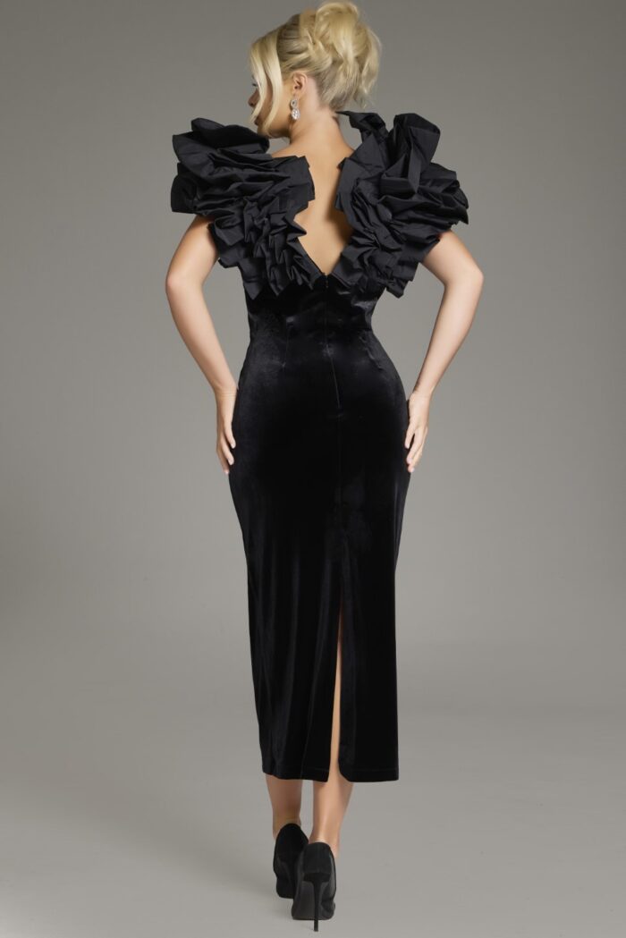 Formal Dresses Ruffle Tea Length Velvet Formal Dress Black