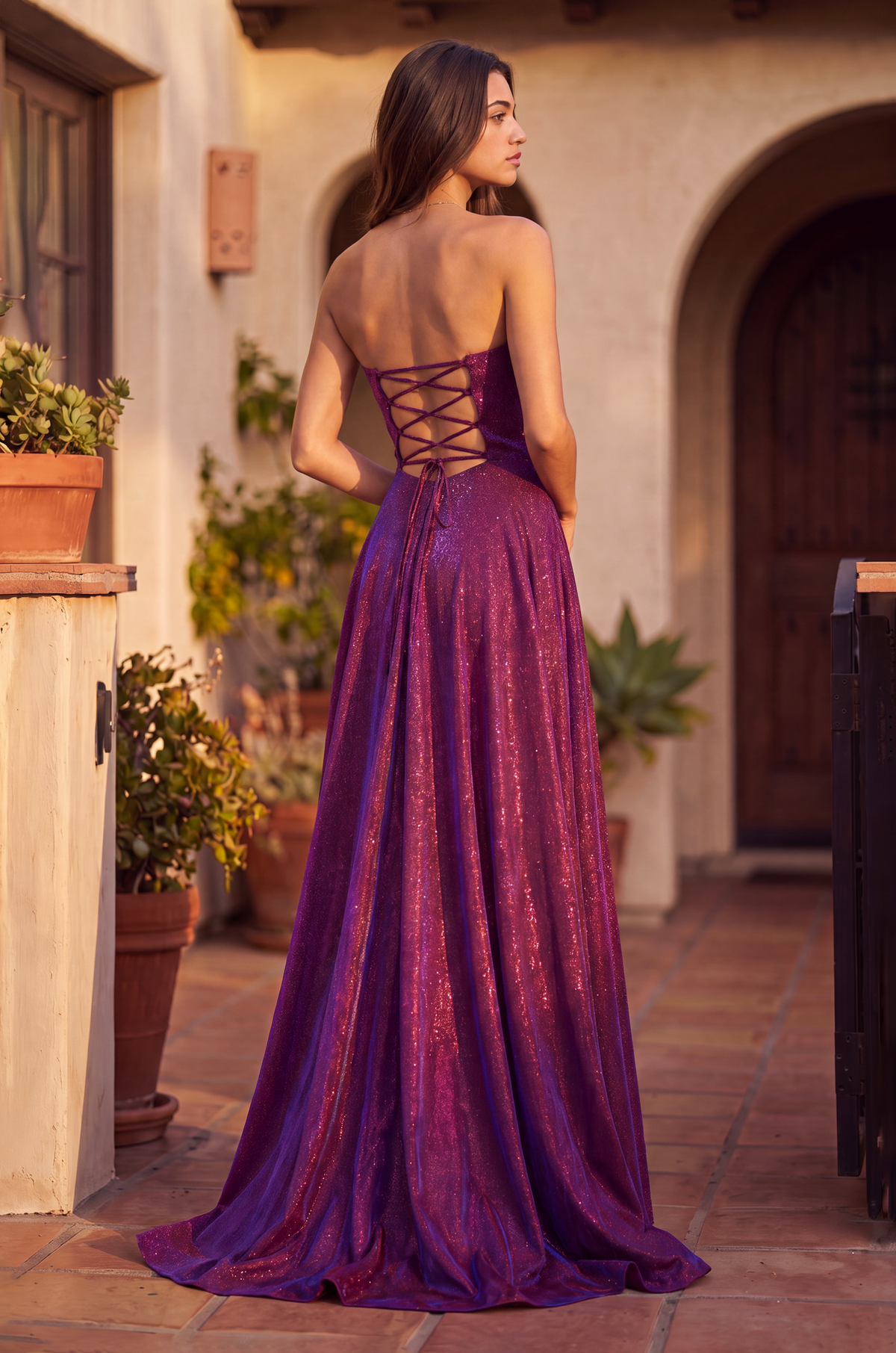 Metallic Long Formal A Line Corset Prom Dress