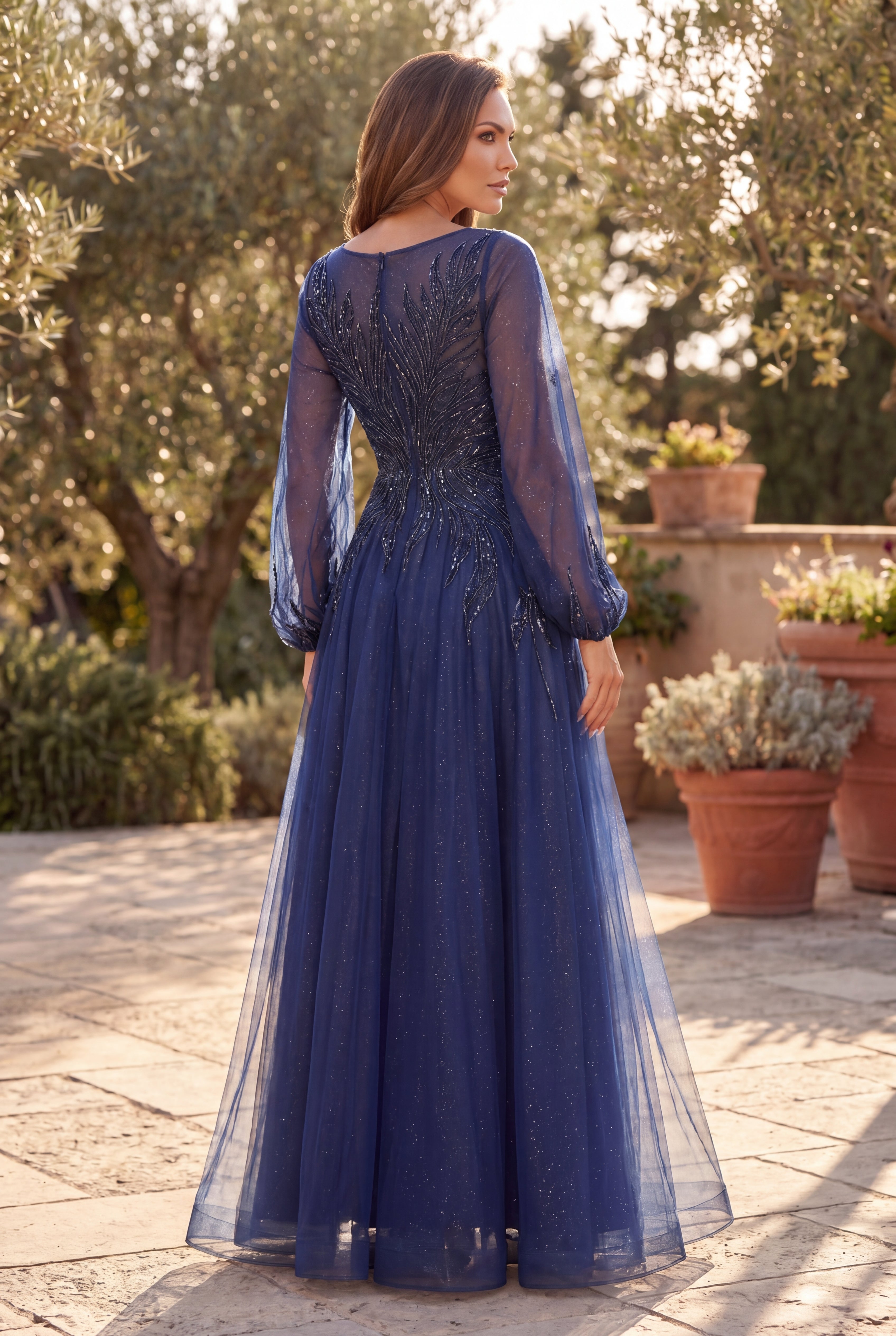 Navy Beaded V-Neck Long Sleeve Formal Evening Gown
