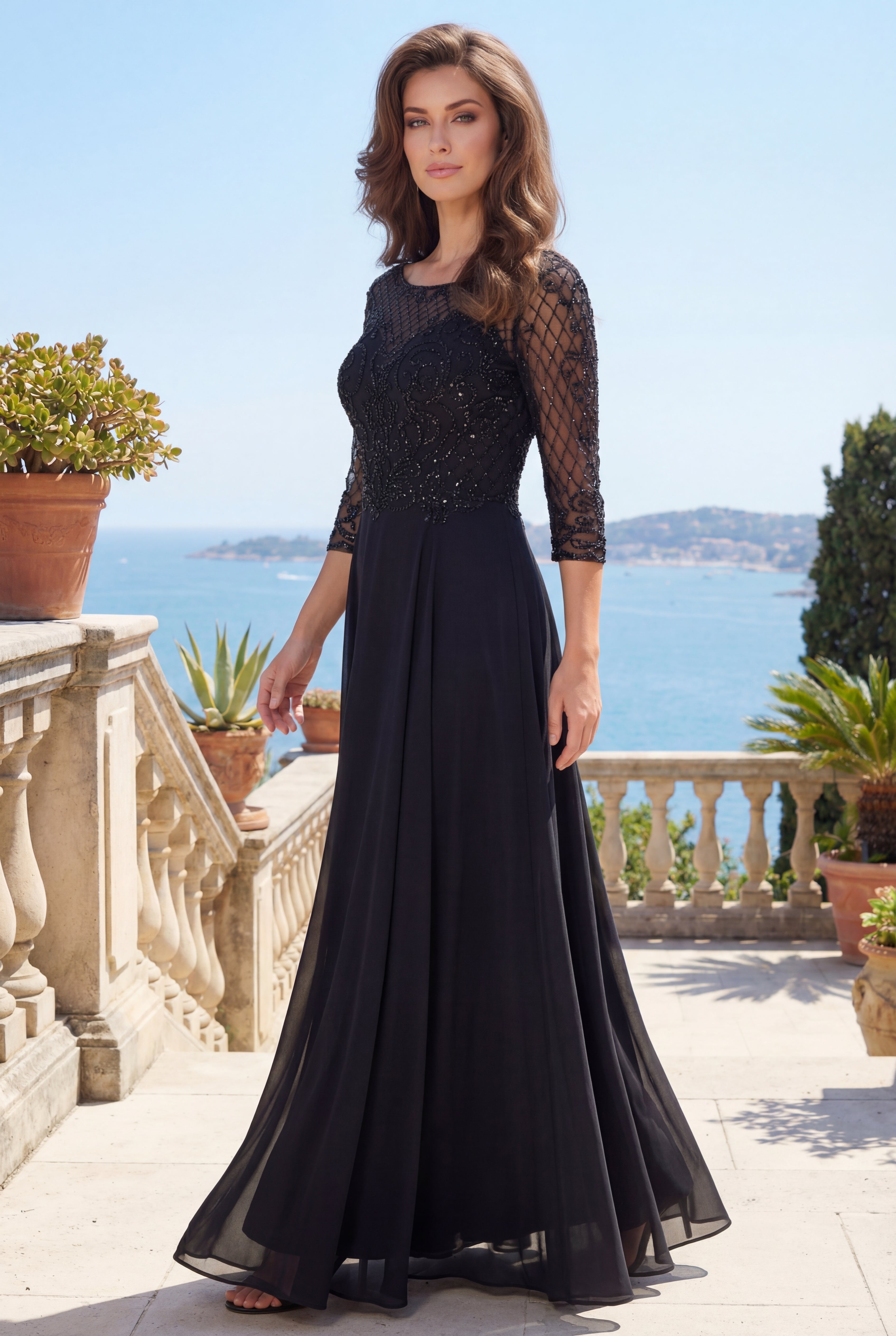 Hand Beaded Long Sleeve Mother of the Bride Dress