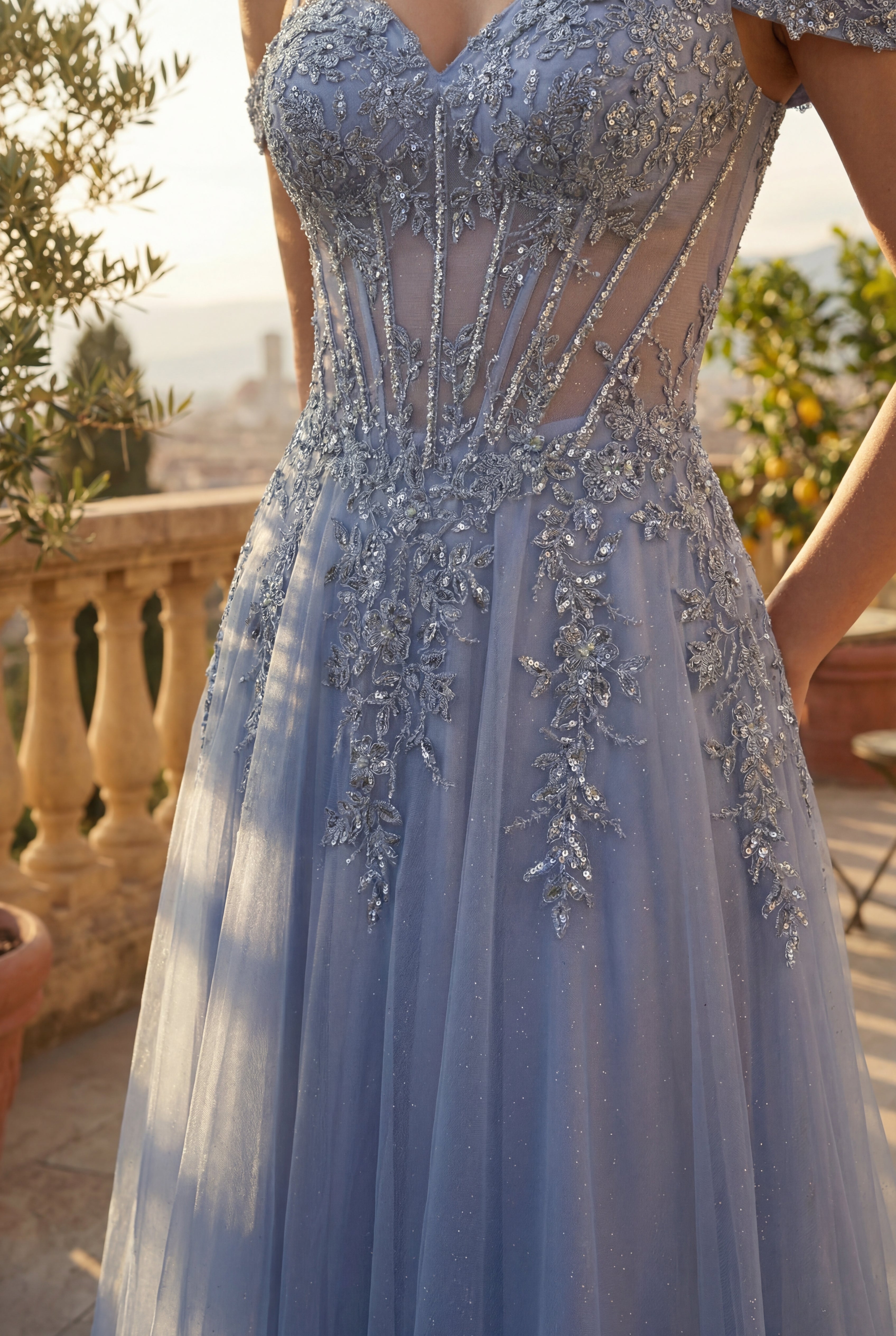 Periwinkle Off-Shoulder Corset Prom & Formal Gown