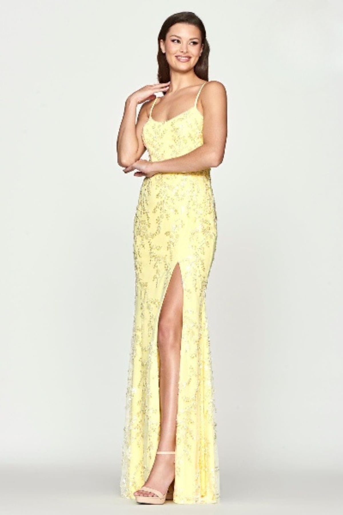 Prom Dresses Fitted Slit Long Formal Sequin Prom Dress Light Yellow