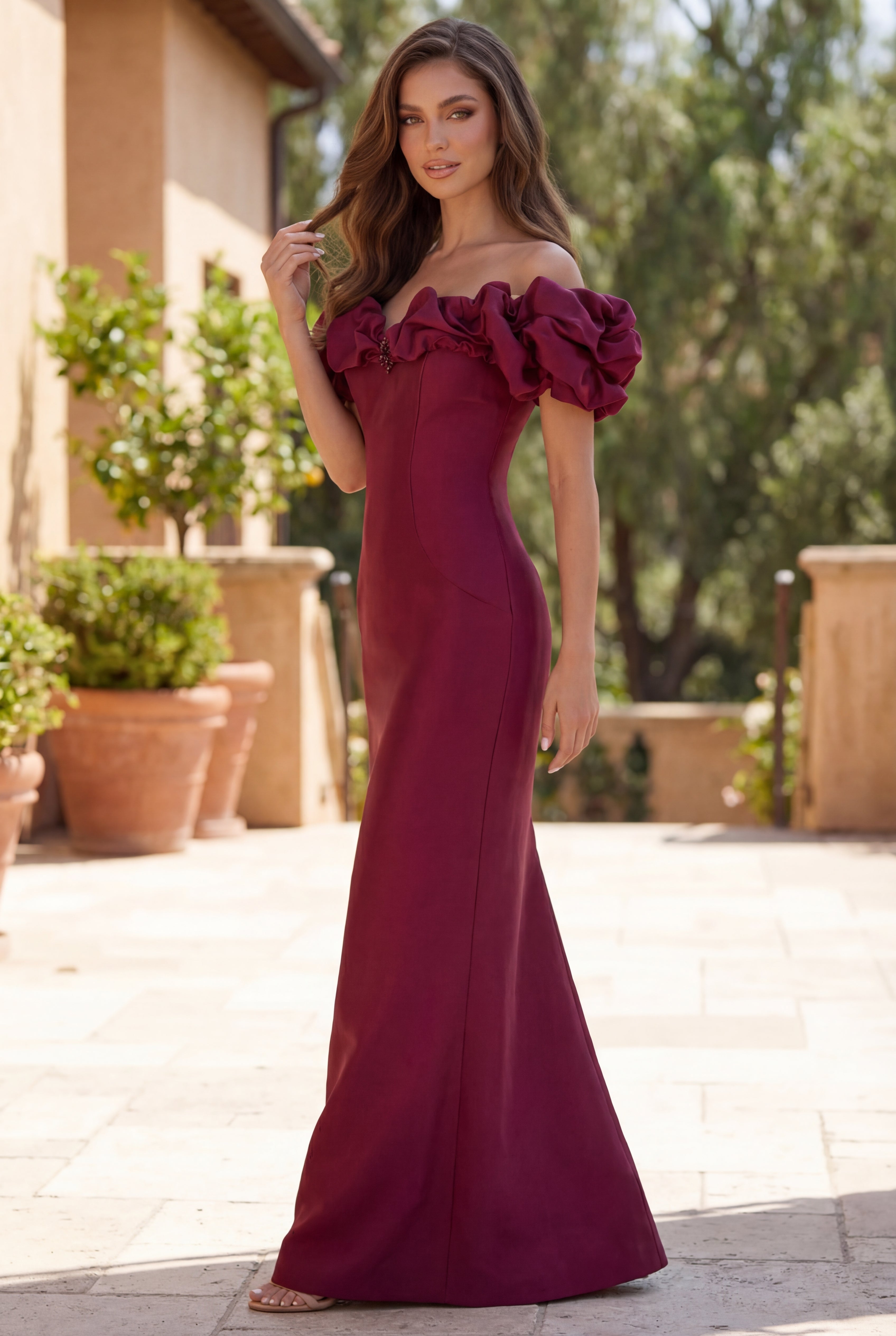Burgundy Long Formal Evening Gown with Ruffled Sleeves
