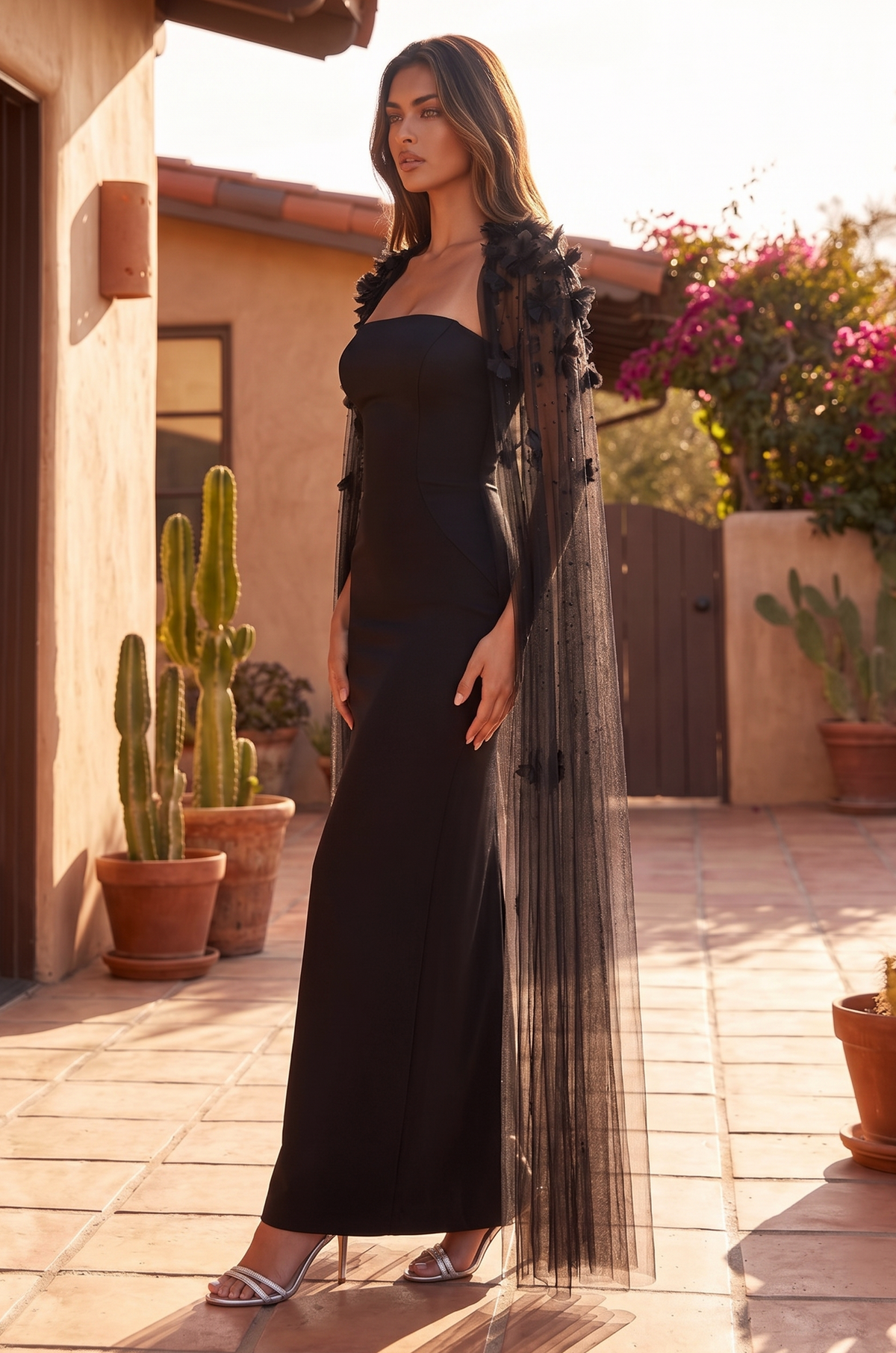 Strapless Feather Cape Gown in Black