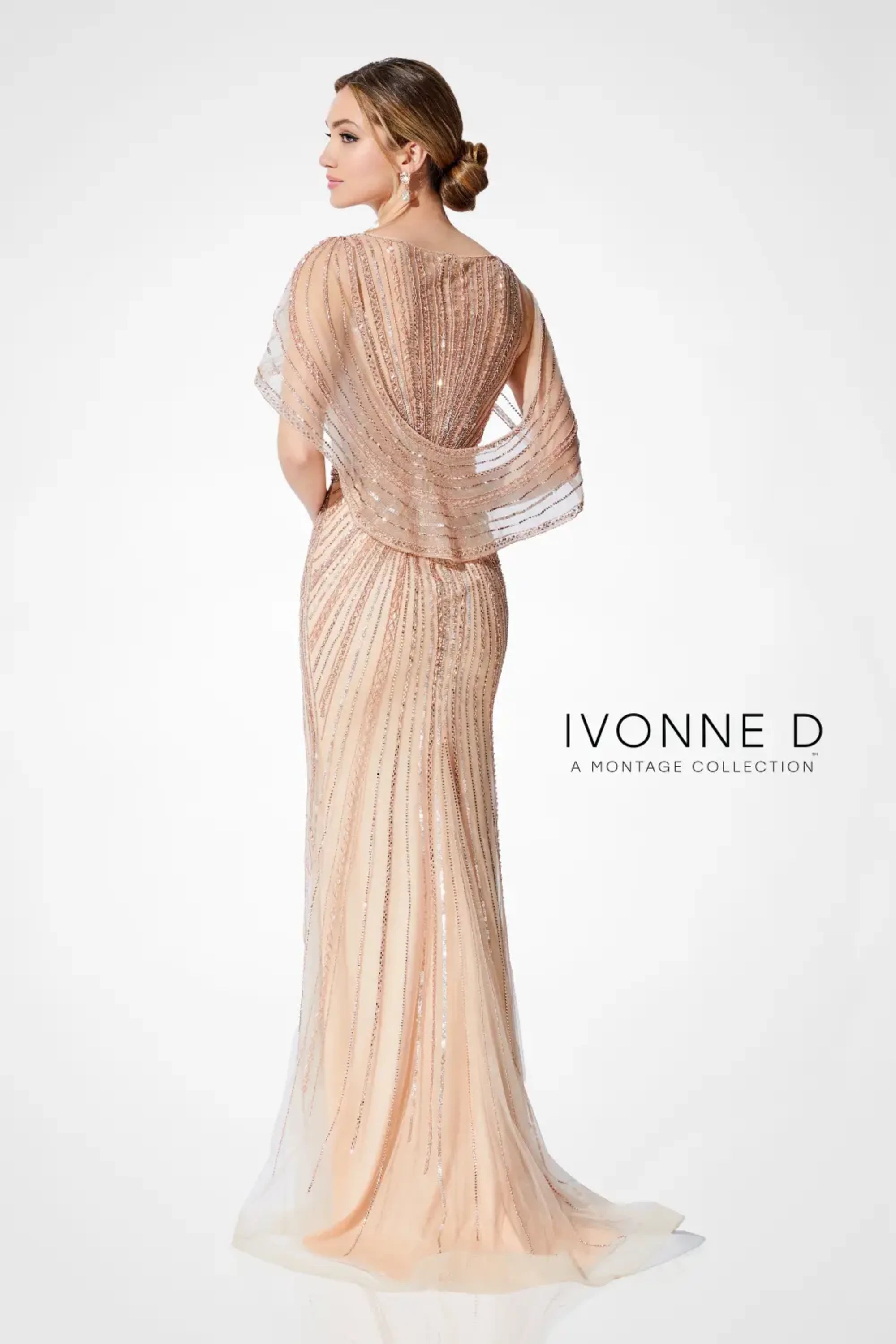 Formal Dresses Beaded Long Formal Cape Evening Dress Rose Gold