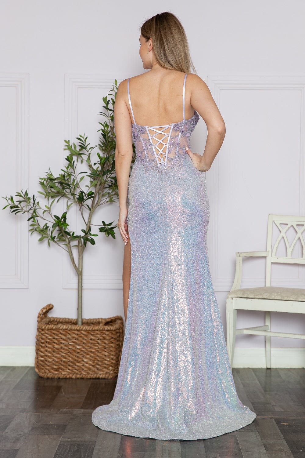 Lilac V Neck Floor Length Sequin Prom Dress with Side Slit Formal Gown Poly USA 9340