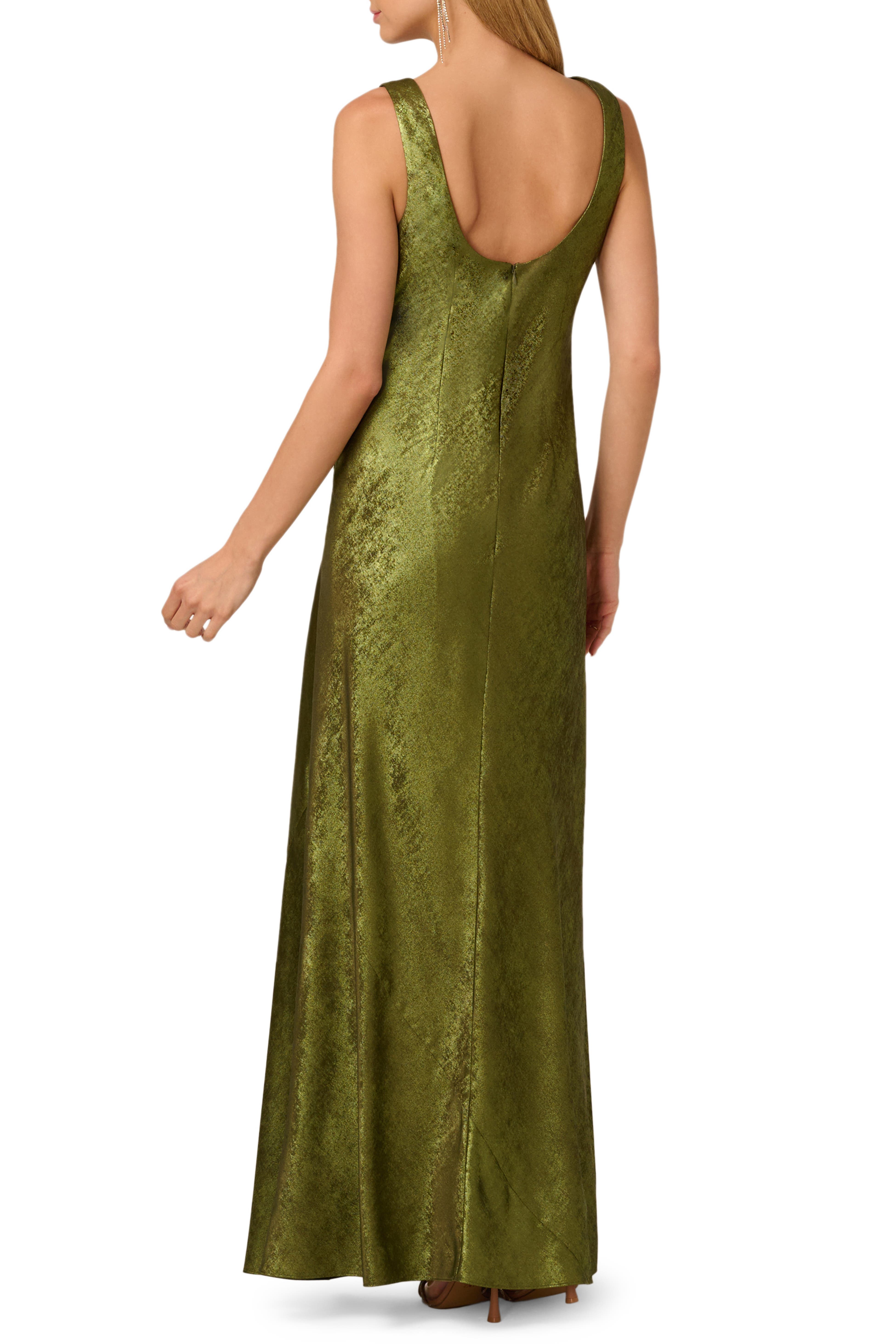 Dark Olive Adrianna Papell ADAE212451 Cowl Neck Floor-Length Metallic Jacquard Formal Gown