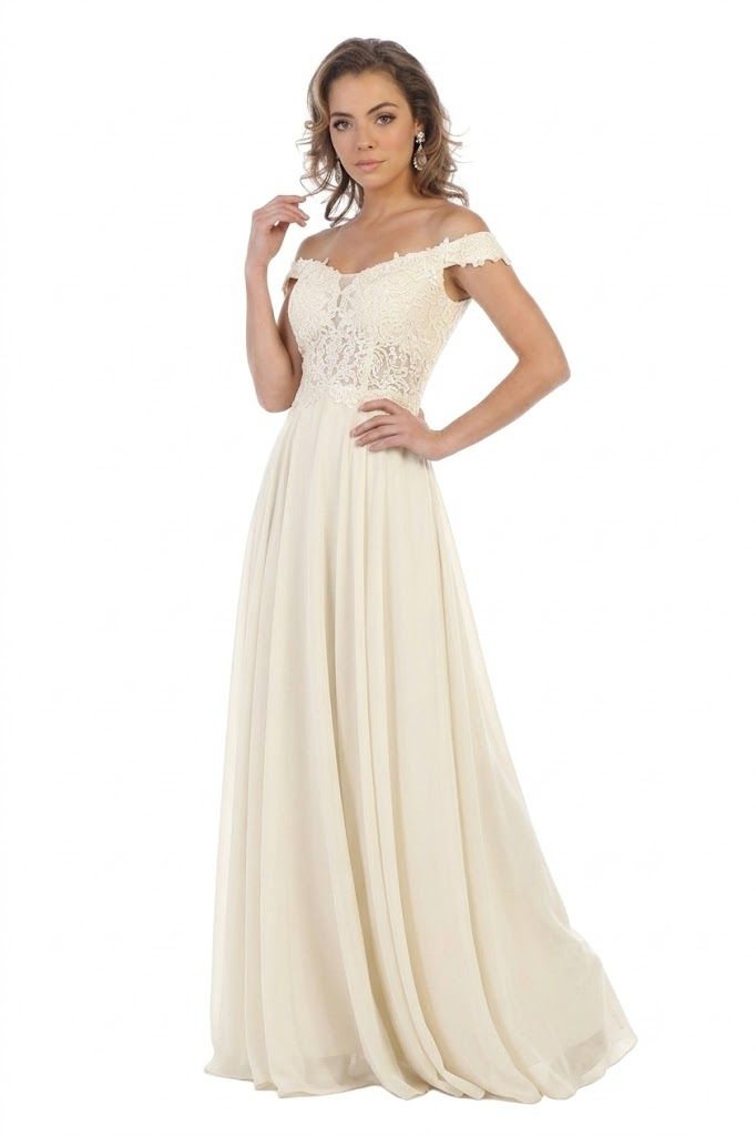 Ivory May Queen MQ1602 Off-The-Shoulder Illusion Long Chiffon Wedding Dress Lace