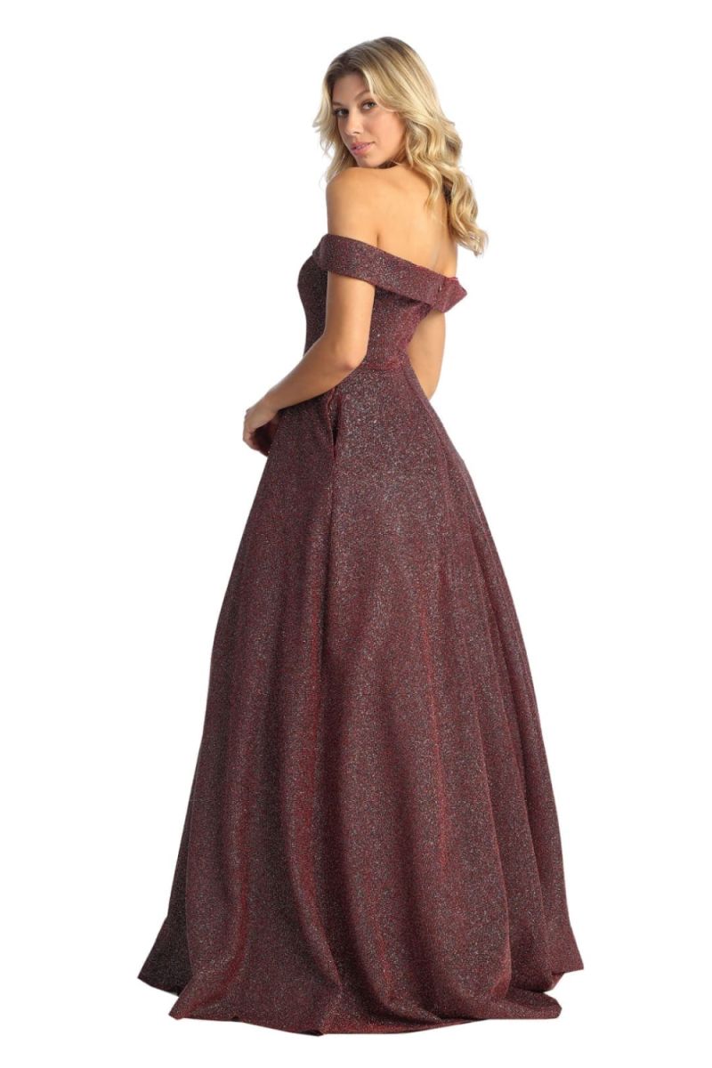 Burgundy Off-the-Shoulder Floor-Length Glitter Prom Dress A-Line May Queen MQ1915