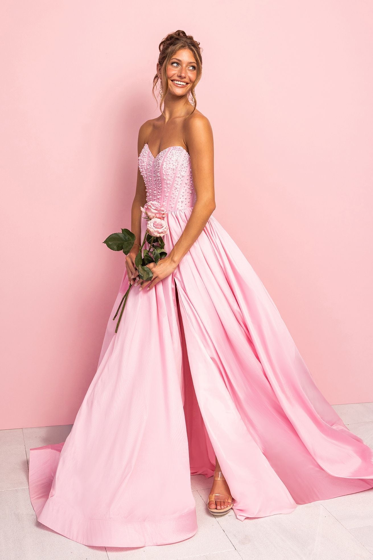 Pink Sweetheart Floor-Length Satin Prom Dress Beaded Corset Bodice Portia & Scarlett XO178