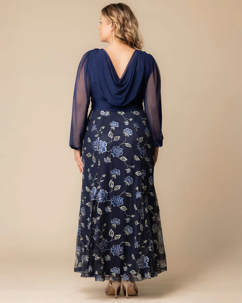 Plus Size Dresses Long Sleeves Floral Long Formal Plus Size Dress Navy Blue Blooms