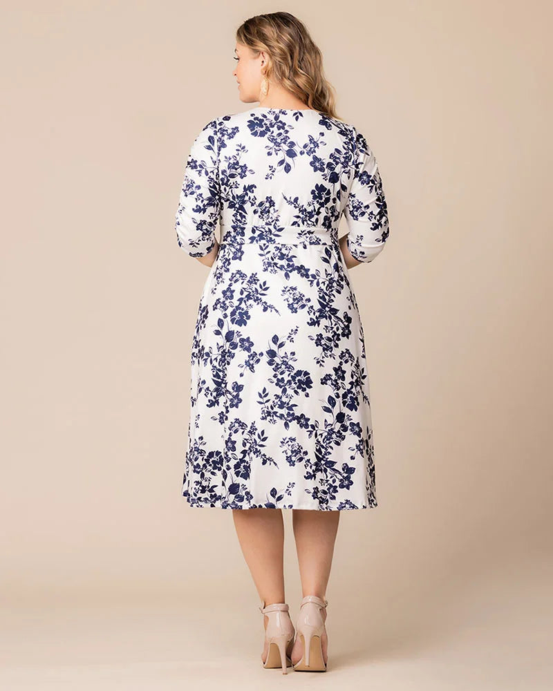 Ivory Florals V-Neck Knee-Length Floral Casual Dress Plus Size A-Line Dress with Pockets Kiyonna 12183501