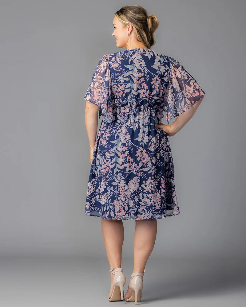 Navy Wisteria Blooms V-Neck Knee-Length Chiffon Casual Floral Wrap Plus Size Dress Kiyonna 12191302