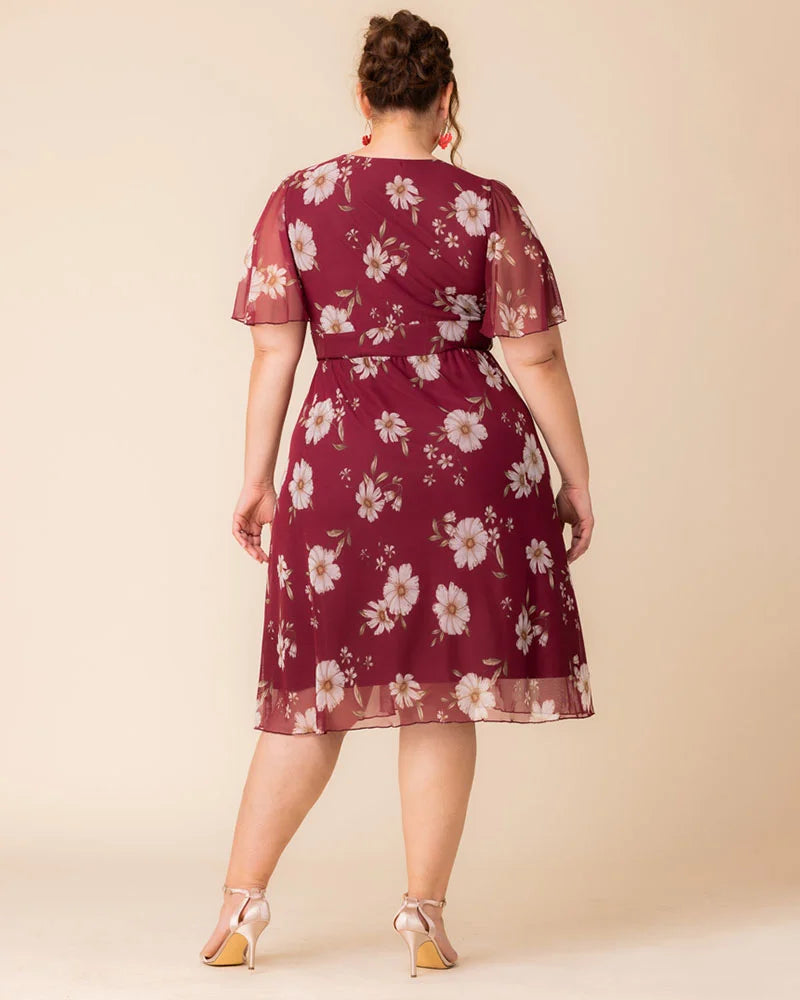 Plus Size Dresses Midi Short A Line Plus Size Dress Raspberry Floral Print