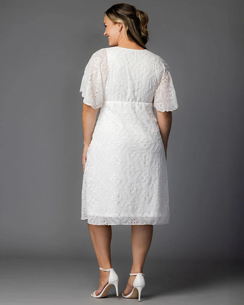 Ivory Eyelet V-Neck Knee-Length Eyelet Casual Dress Flutter Sleeve Plus Size Dress Kiyonna 12262105