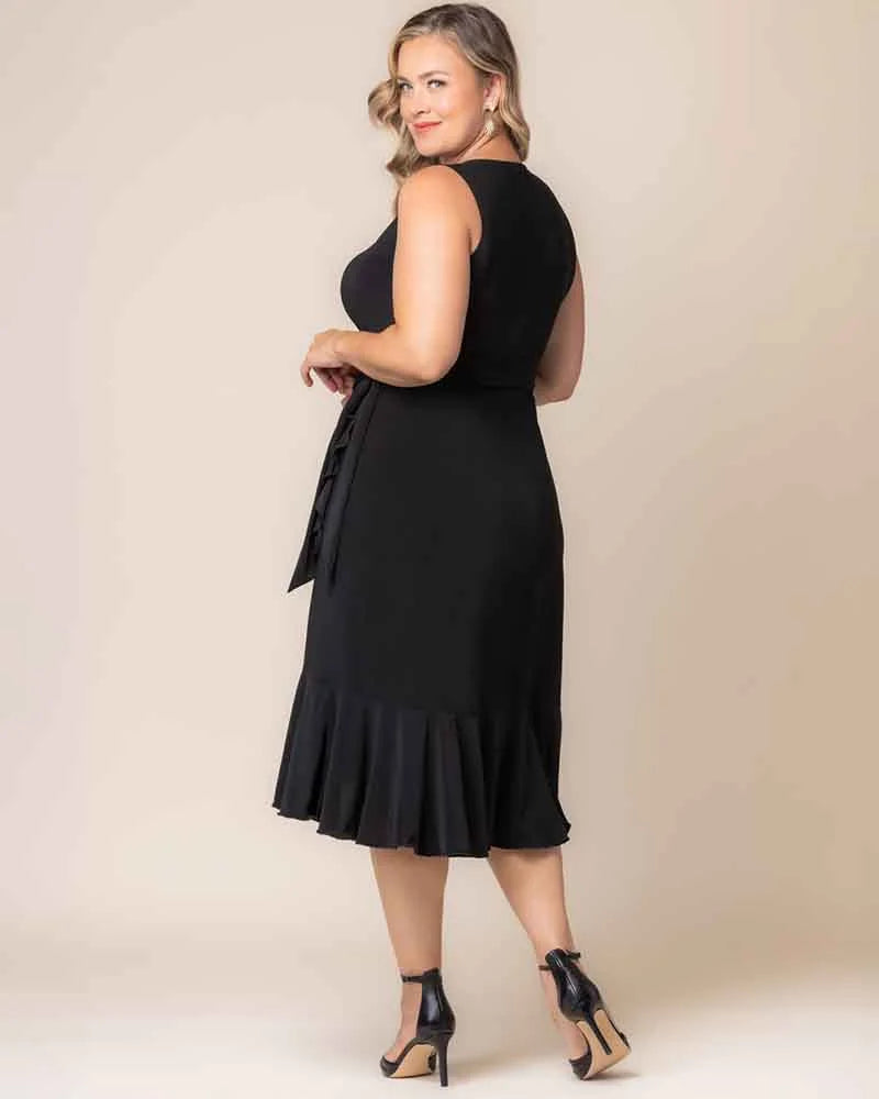 Black Noir V-Neck Midi Jersey Cocktail Dress Ruffle Wrap Plus Size Dress Kiyonna 12262204