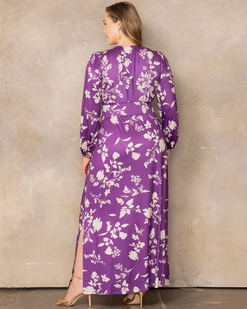 Plus Size Dresses Long Sleeve Tea Length Short Cocktail Dress Purple Blooms