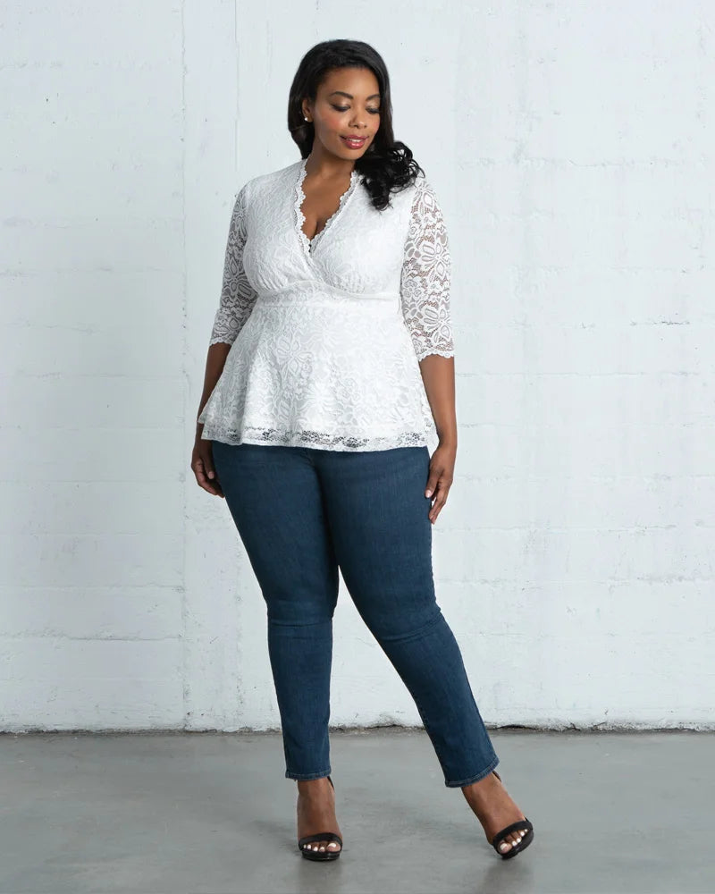 V-Neck 3/4 Sleeve Lace Fit & Flare Plus Size Top Kiyonna KY21120905