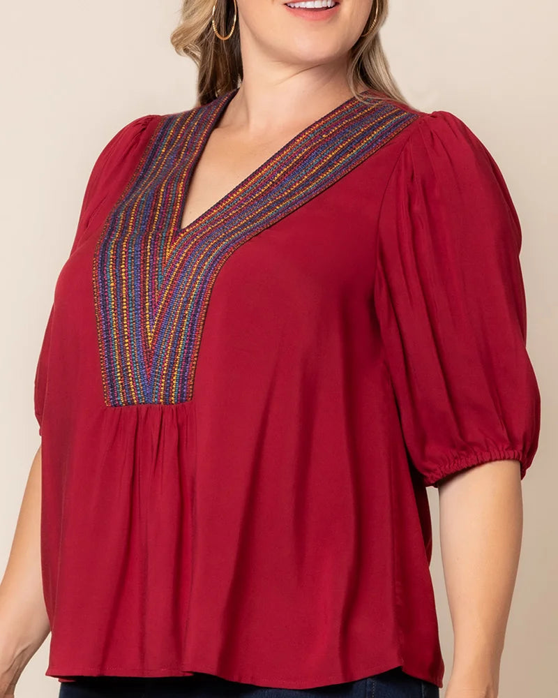 Crimson Red V-Neck Half Sleeve Woven Casual Blouse Embroidered Plus Size Top Kiyonna 22262702