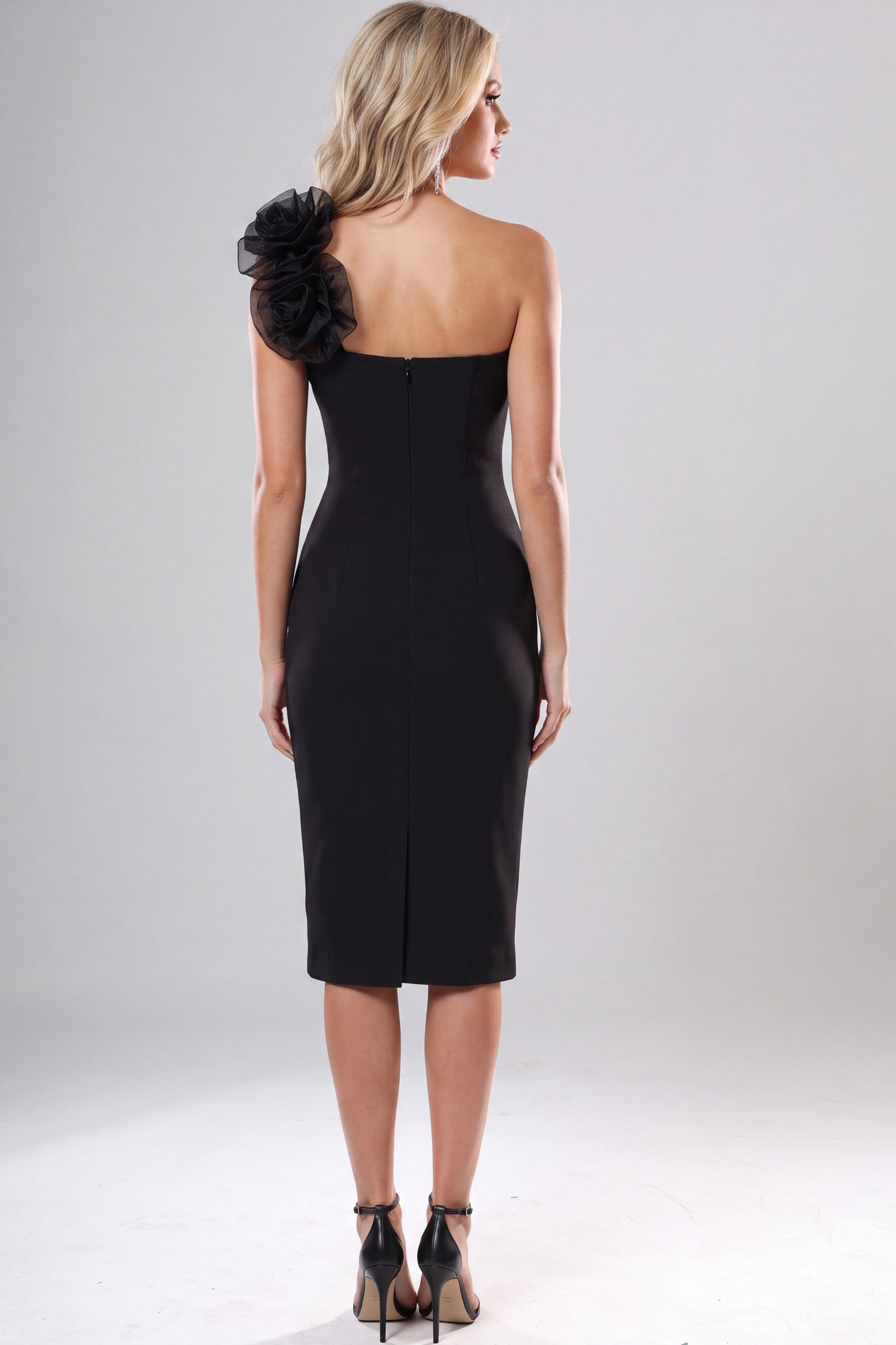 Black One-Shoulder Knee-Length Crepe Cocktail Rosette Dress Jovani 40096