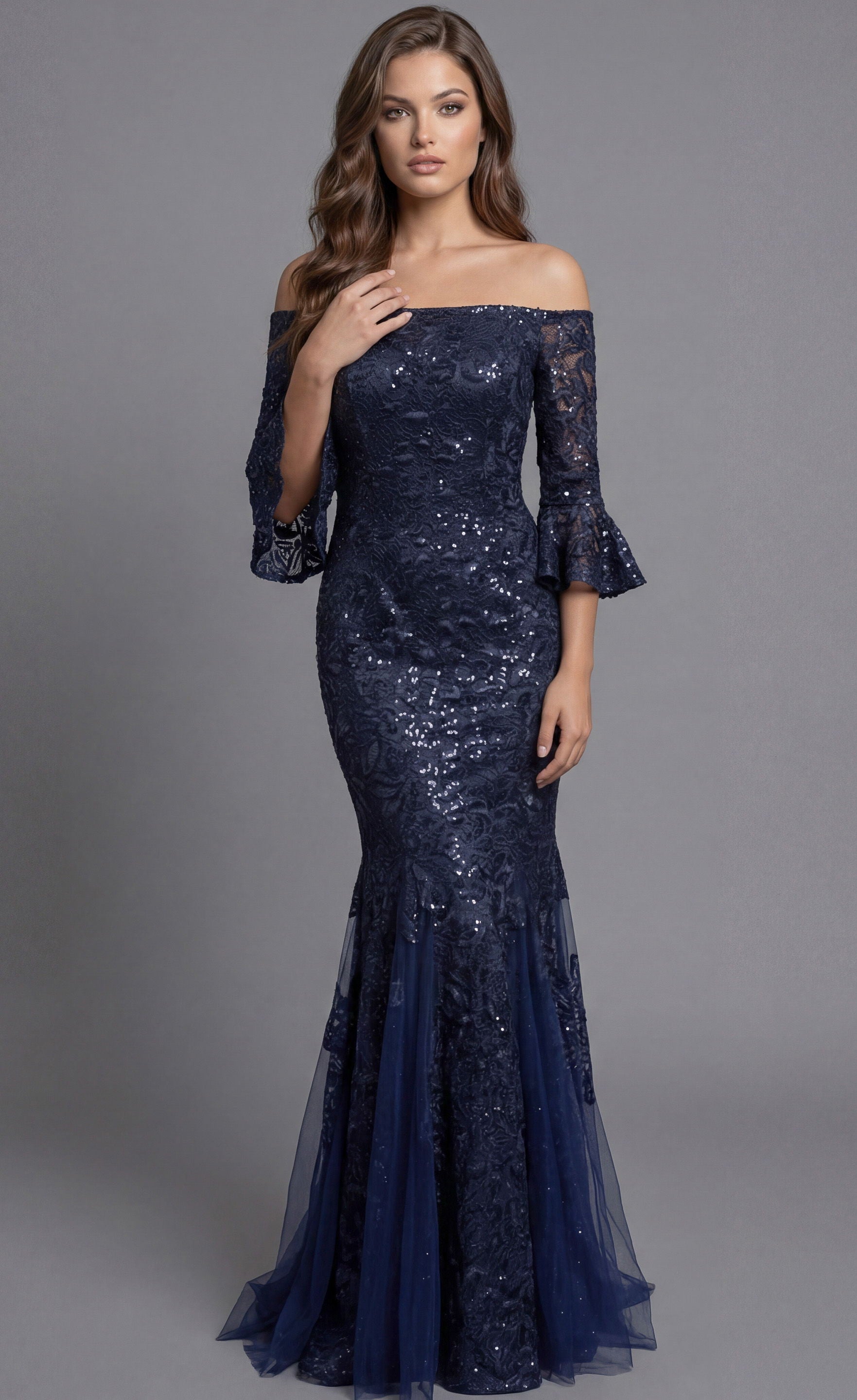 Prom Dresses Long Formal Lace Mermaid Floral Sequin Prom Dress Jovani 40155 Navy