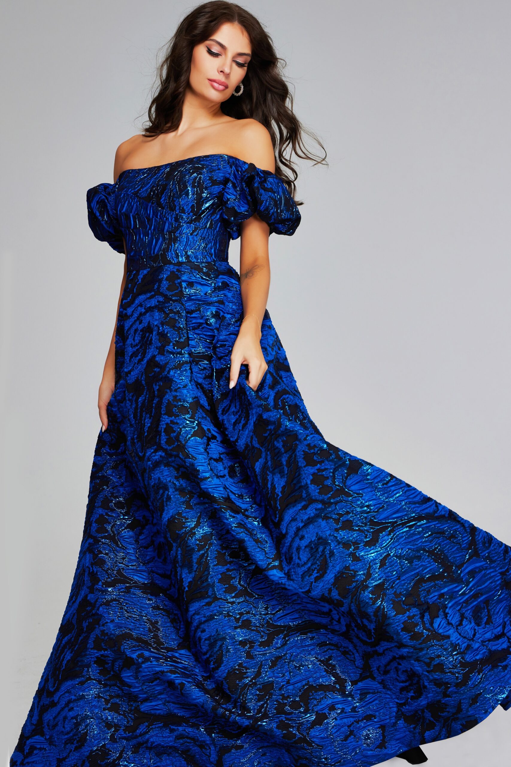 Formal Dresses Printed Long Ball Gown Metallic Formal Evening Prom Dress Royal/Black