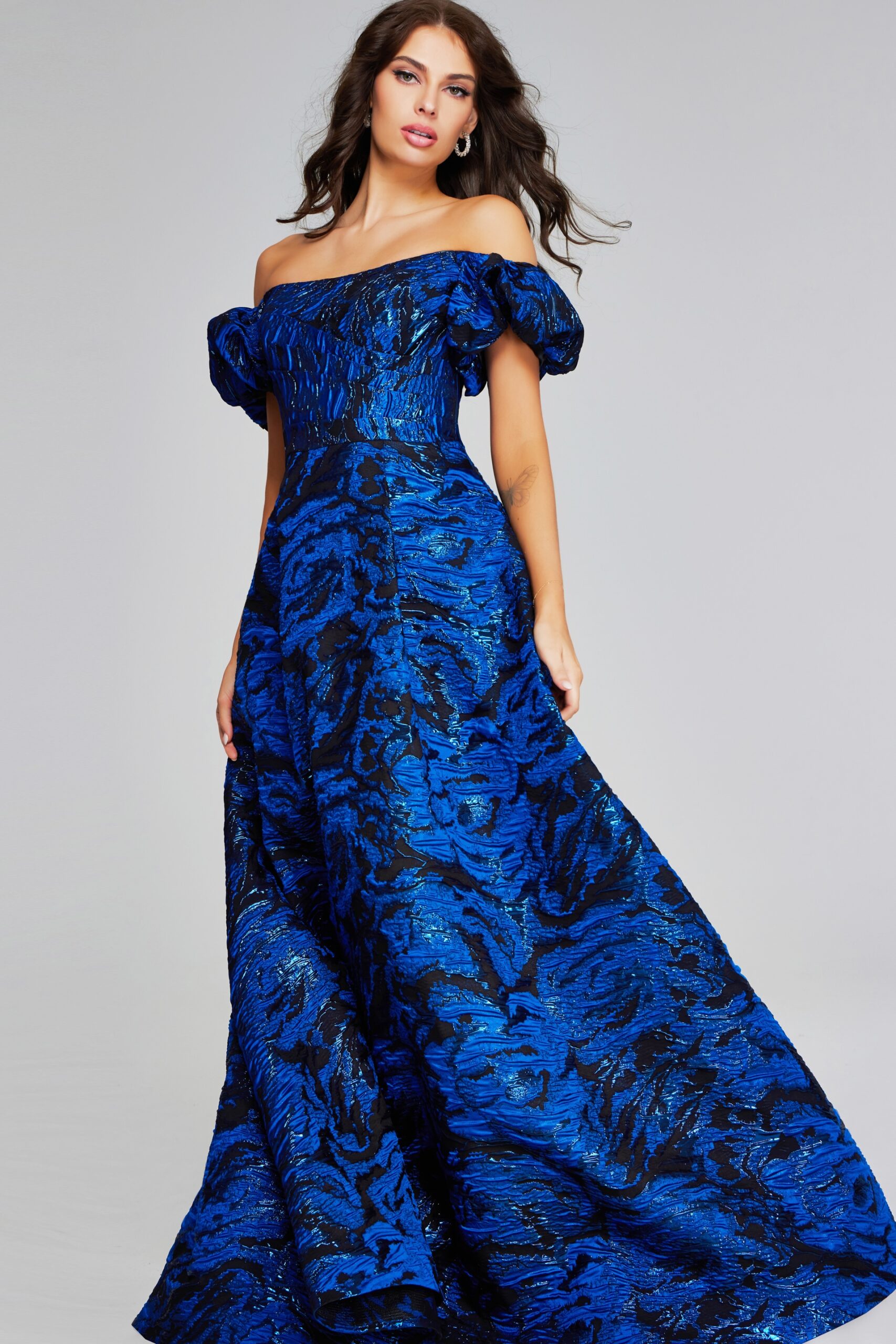 Formal Dresses Printed Long Ball Gown Metallic Formal Evening Prom Dress Royal/Black