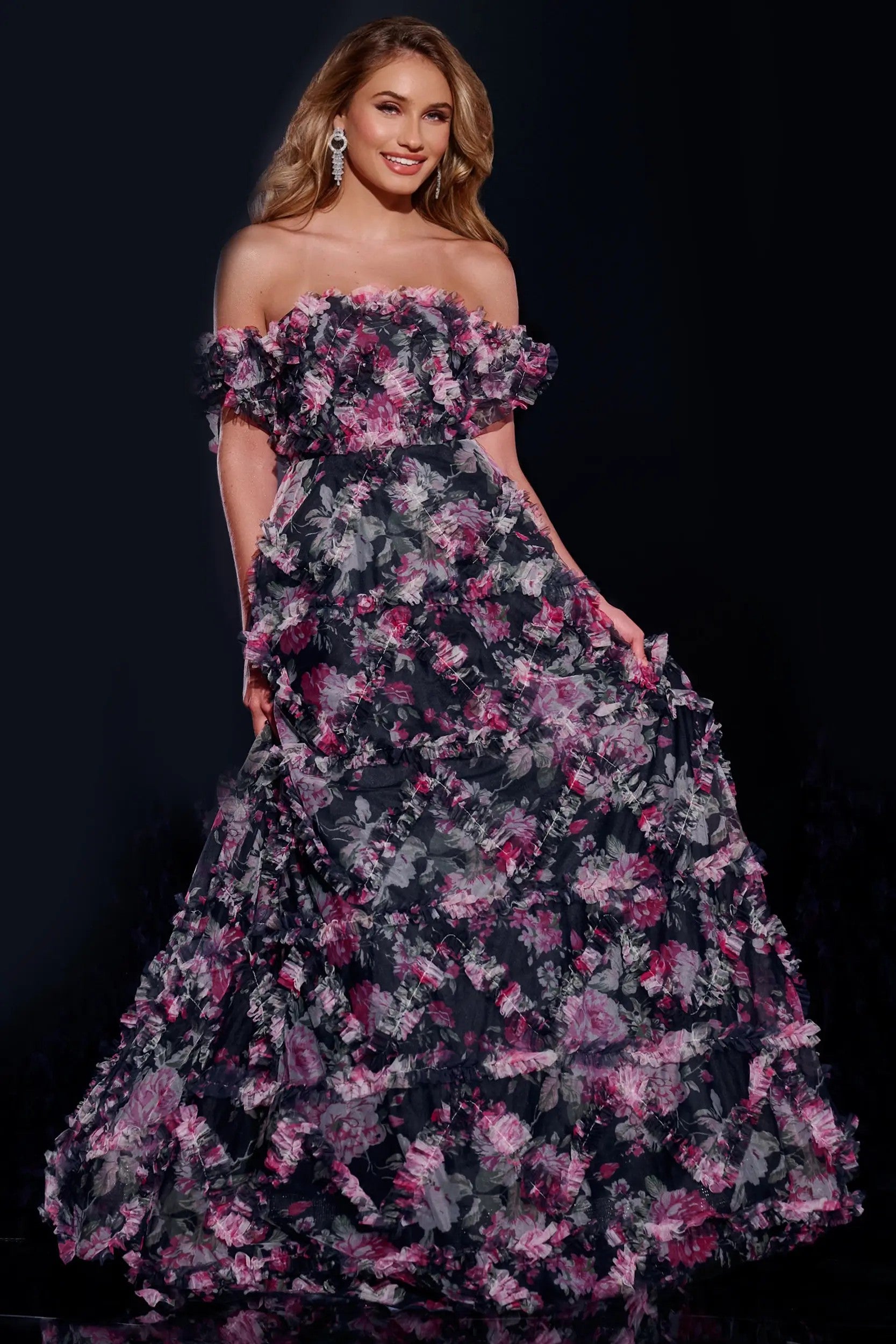 Prom Dresses Long A Line Formal Floral Print Prom Dress Navy