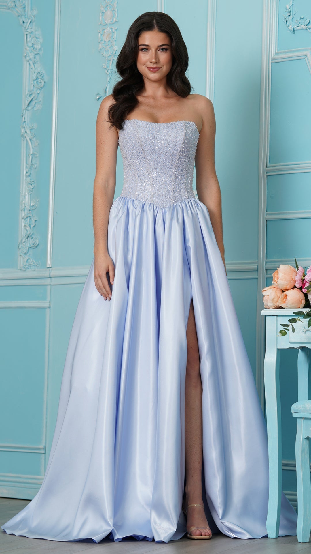 Strapless Straight Neck Floor-Length Satin Occasion Ball Gown Colors 4034