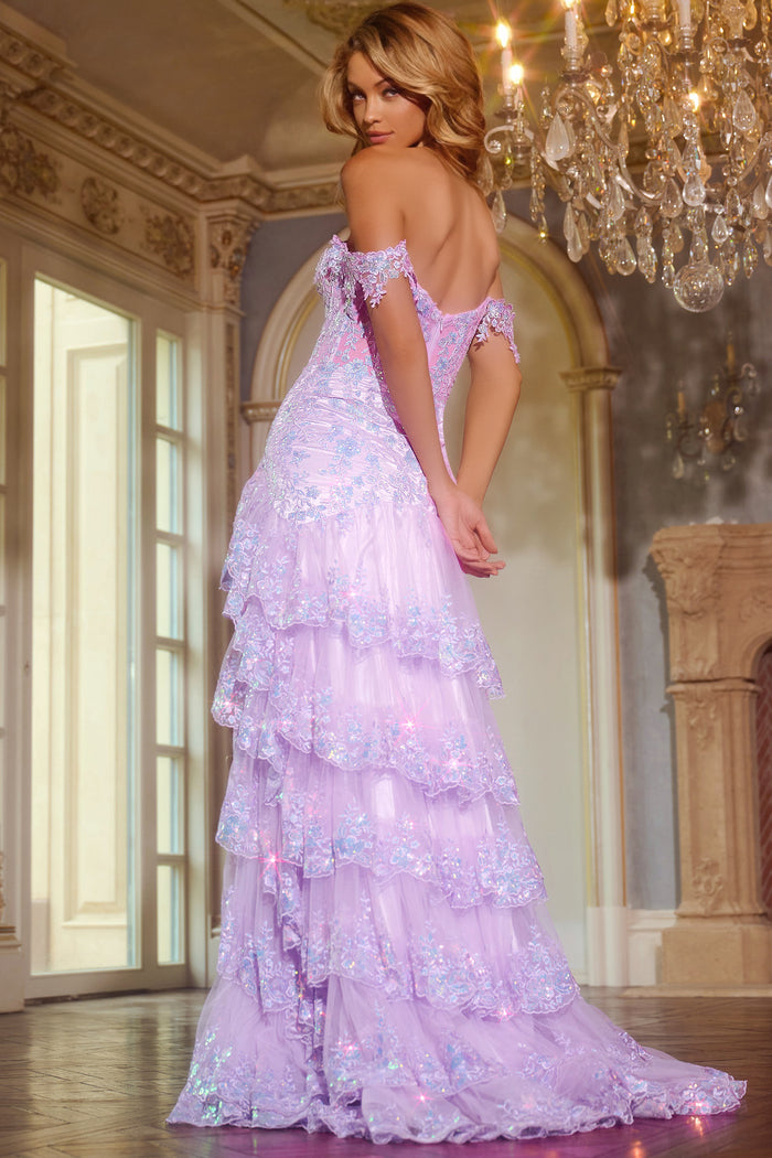 Prom Dresses Long Formal Tiered Floral Lace Prom Dress Lilac