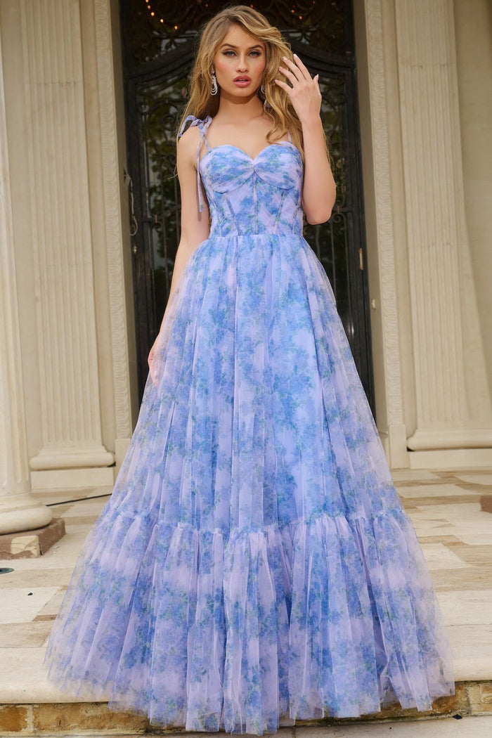 Prom Dresses Floral Print A Line Long Formal Prom Dress Lilac