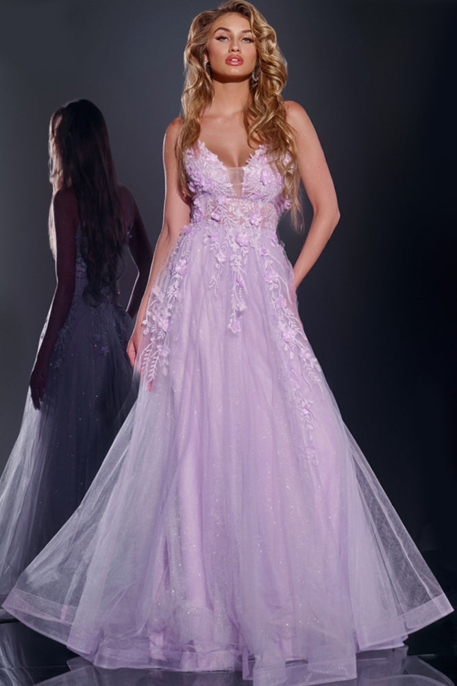 Lilac Jovani 40472 A Line Formal Long Floral Applique Prom Dress