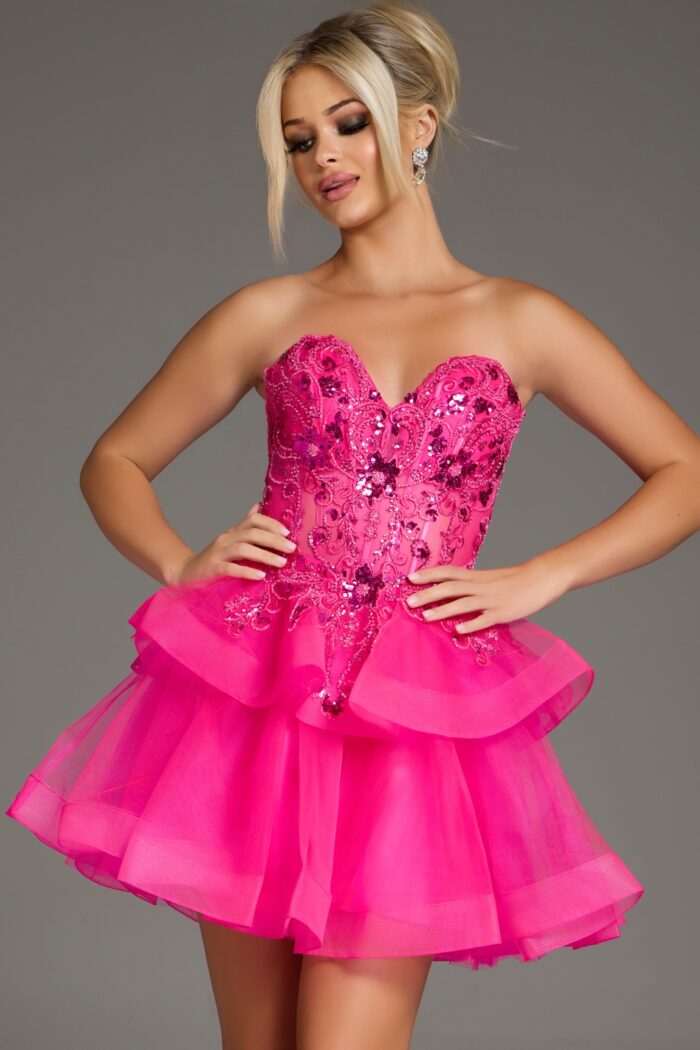 Cocktail Dresses Homecoming Tiered Mini Short Cocktail Dress Hot-Pink