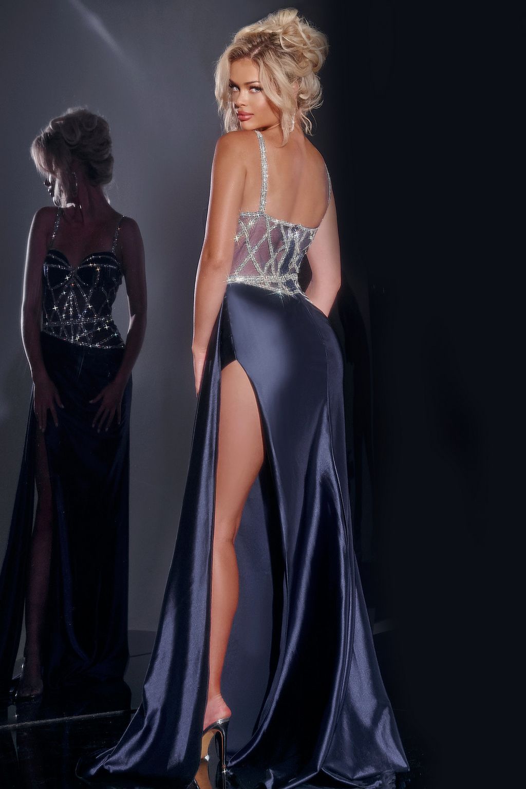 Prom Dresses Long Formal Beaded Corset Overskirt Prom Dress Navy