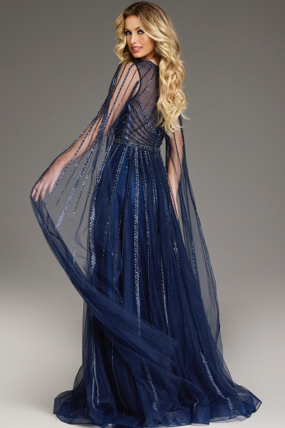 Formal Dresses Long A Line Beaded Formal Cape Sleeve Dress Navy