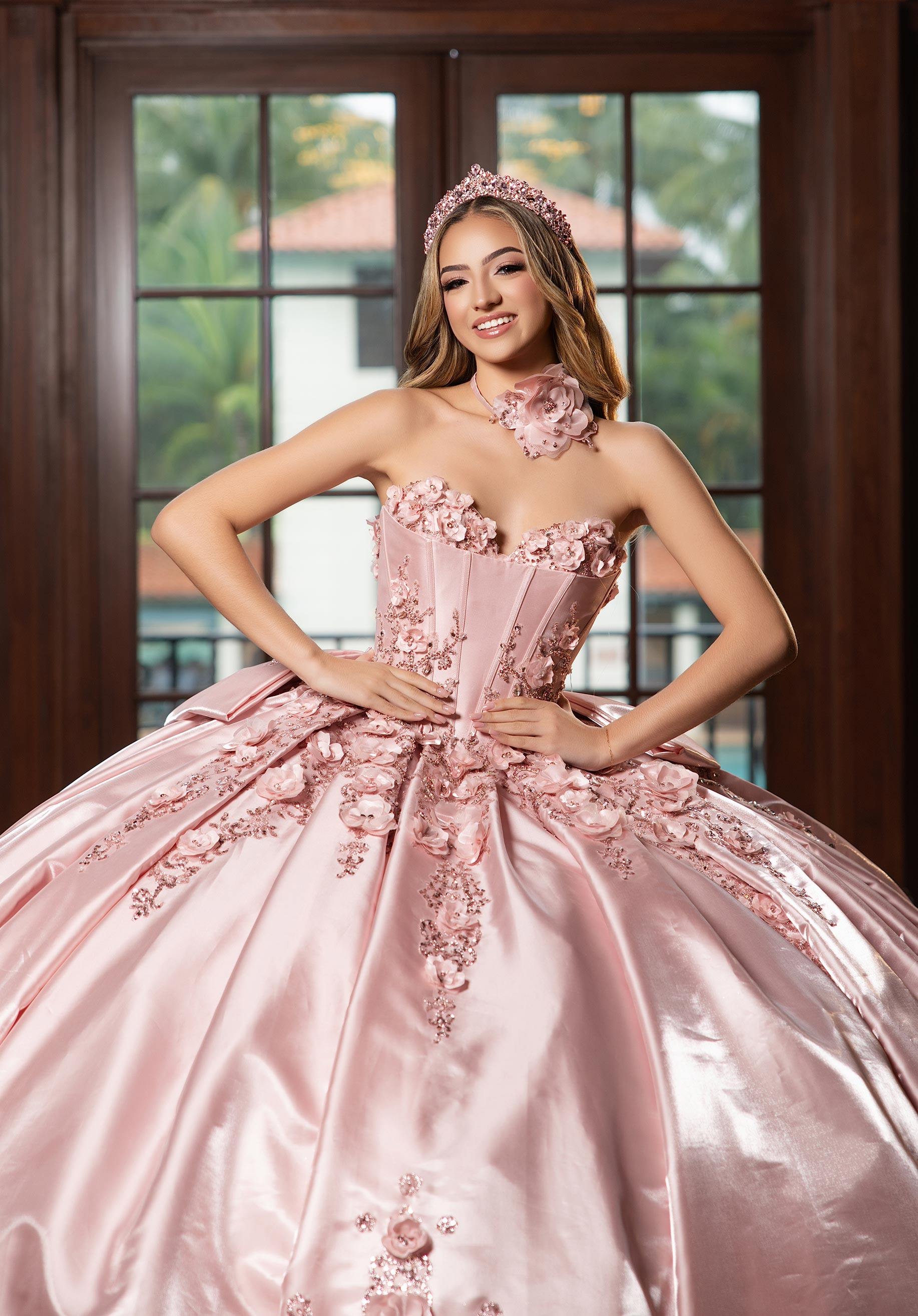 Off-the-Shoulder Floor-Length Satin Quinceañera Ball Gown MGNY Madeline Gardner New York 4080033