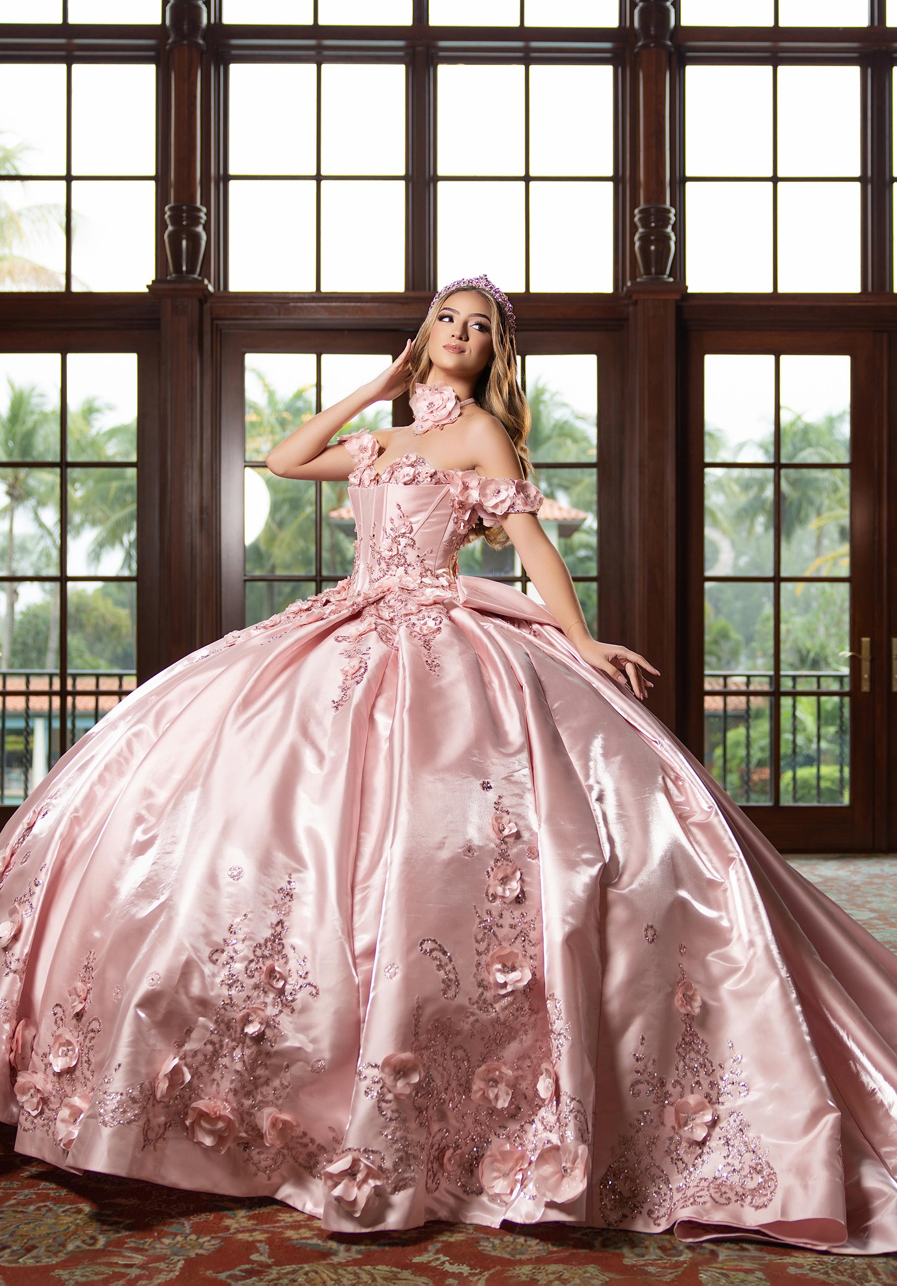 Off-the-Shoulder Floor-Length Satin Quinceañera Ball Gown MGNY Madeline Gardner New York 4080033