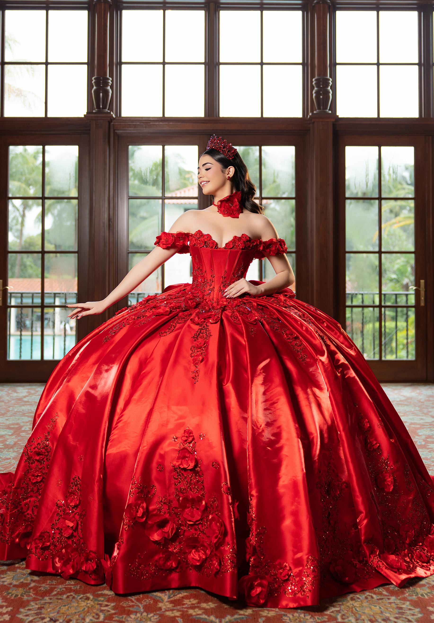 Off-the-Shoulder Floor-Length Satin Quinceañera Ball Gown MGNY Madeline Gardner New York 4080033