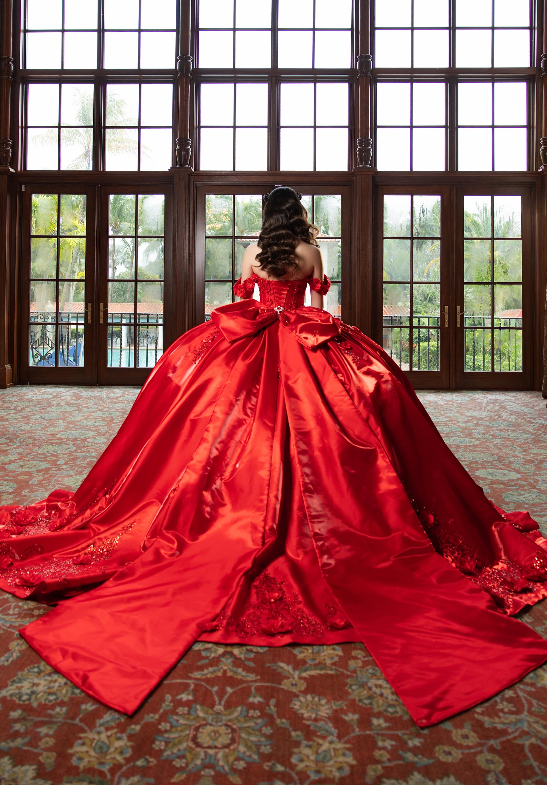 Off-the-Shoulder Floor-Length Satin Quinceañera Ball Gown MGNY Madeline Gardner New York 4080033