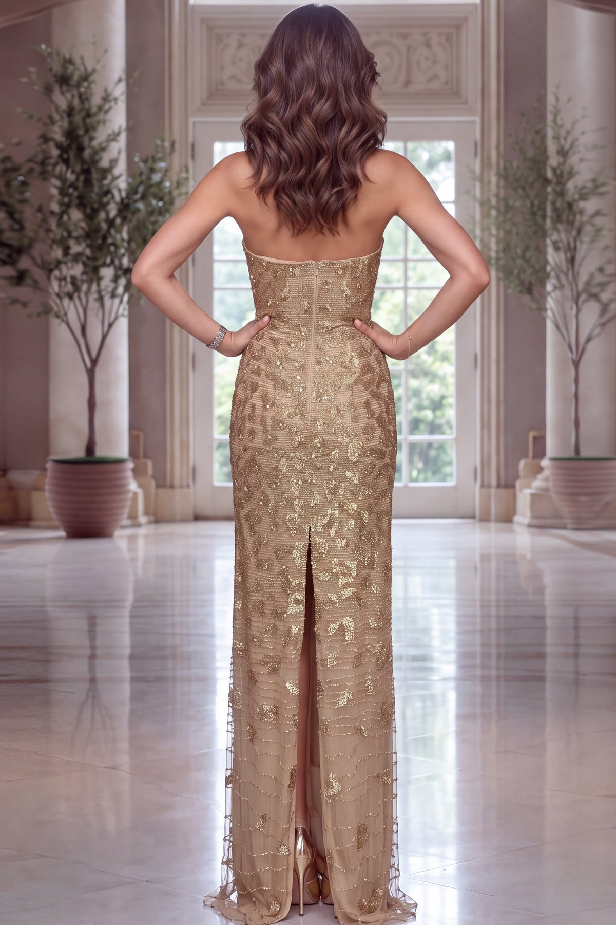 Strapless Curved Neck Floor-Length Sequin Occasion Mermaid Jovani 40887